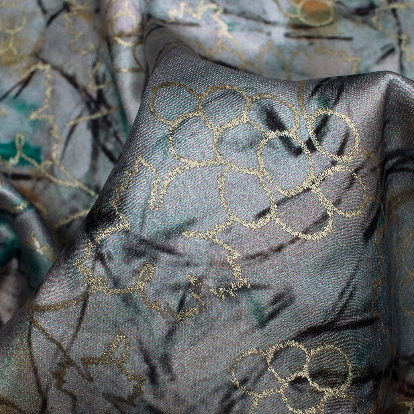 Steel Grey And Green Abstract Pattern Foil Digital Print Japan Satin Fabric