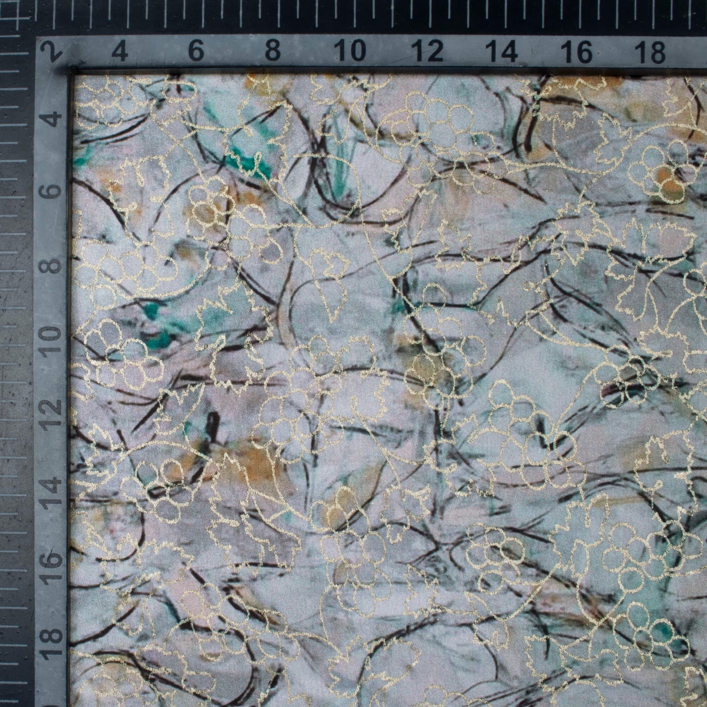 Steel Grey And Green Abstract Pattern Foil Digital Print Japan Satin Fabric