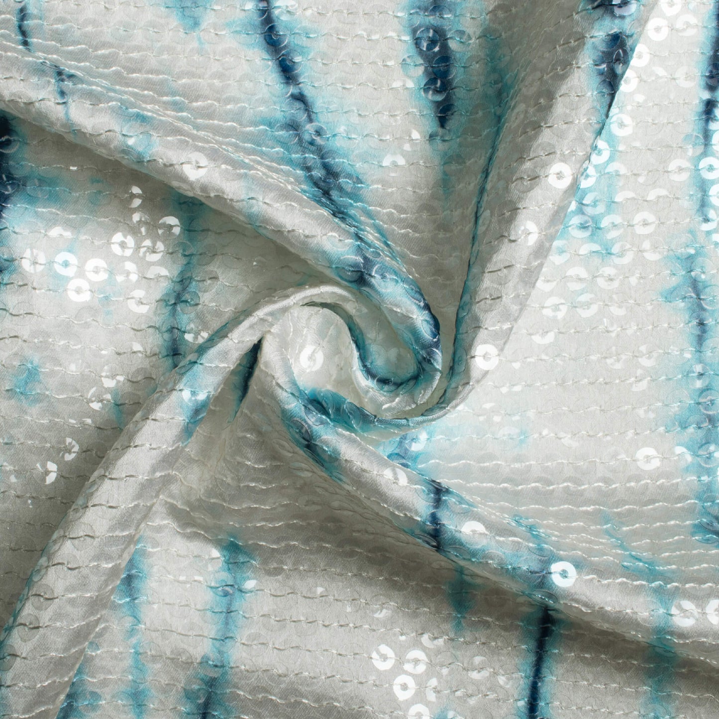 Blue And Off White Shibori Pattern All Over Premium Water Sequins Digital Print Japan Satin Fabric