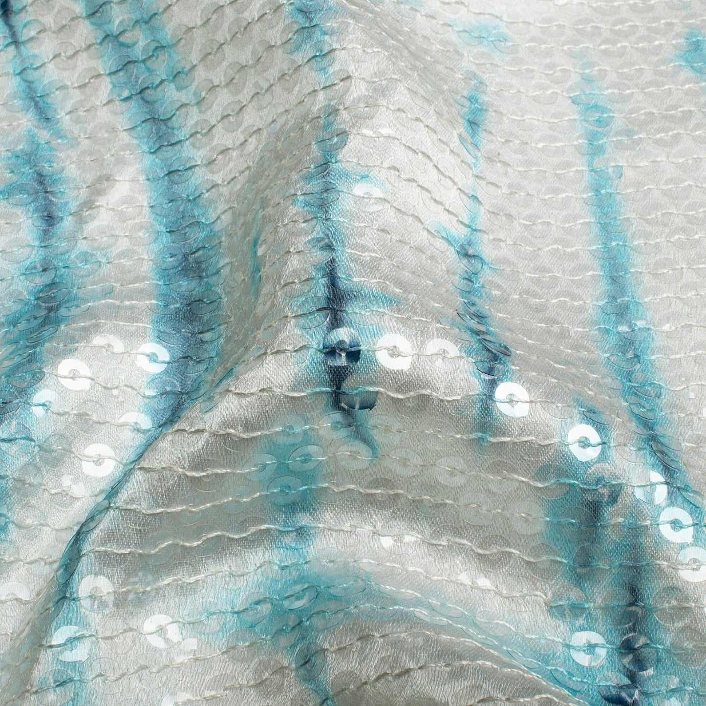Blue And Off White Shibori Pattern All Over Premium Water Sequins Digital Print Japan Satin Fabric