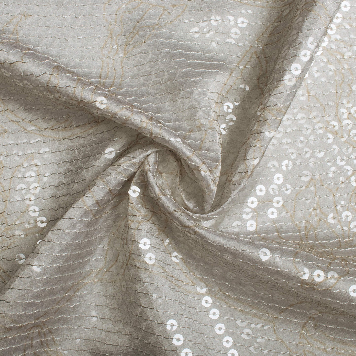 Off White And Moss Green Floral Pattern All Over Premium Water Sequins Digital Print Japan Satin Fabric