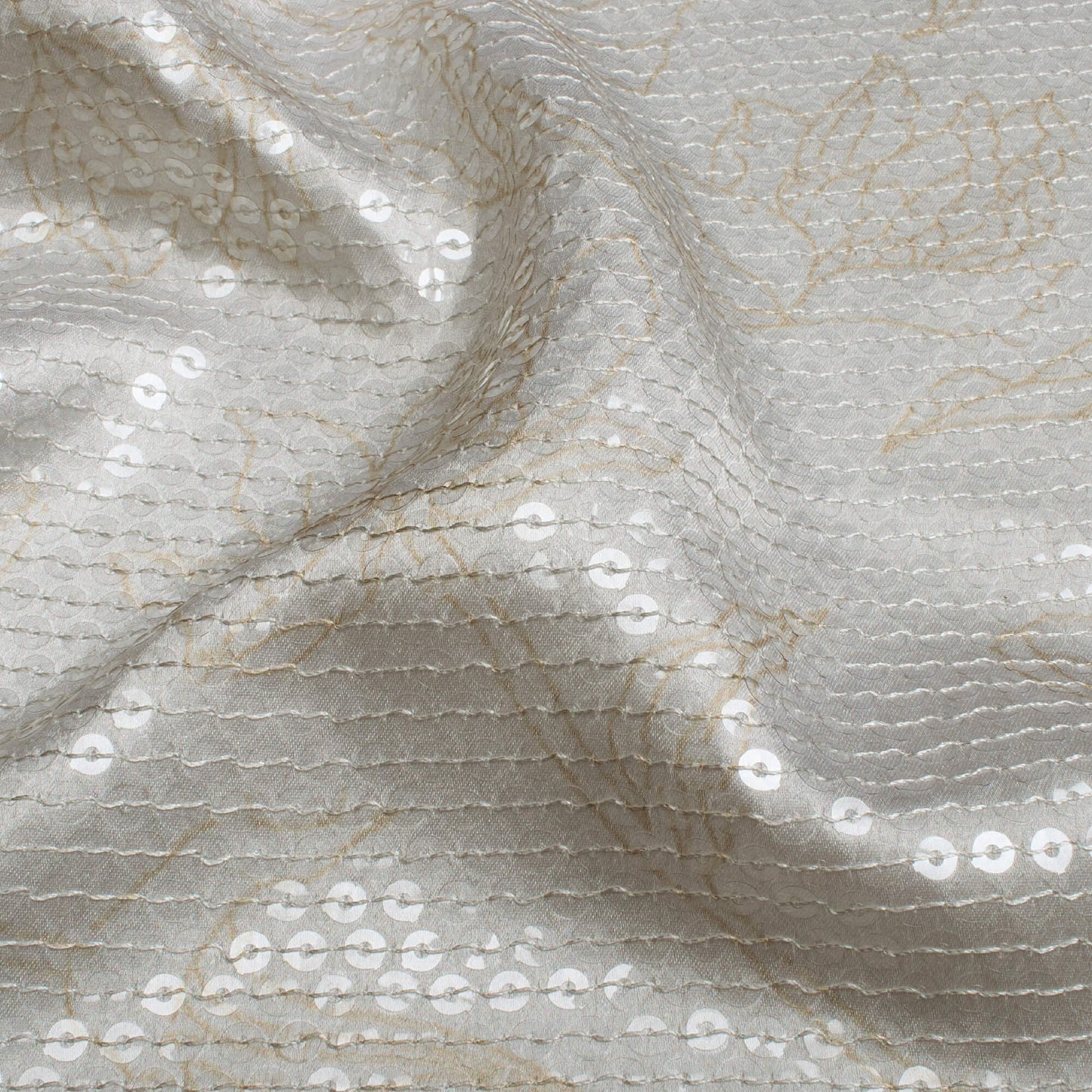 Off White And Moss Green Floral Pattern All Over Premium Water Sequins Digital Print Japan Satin Fabric