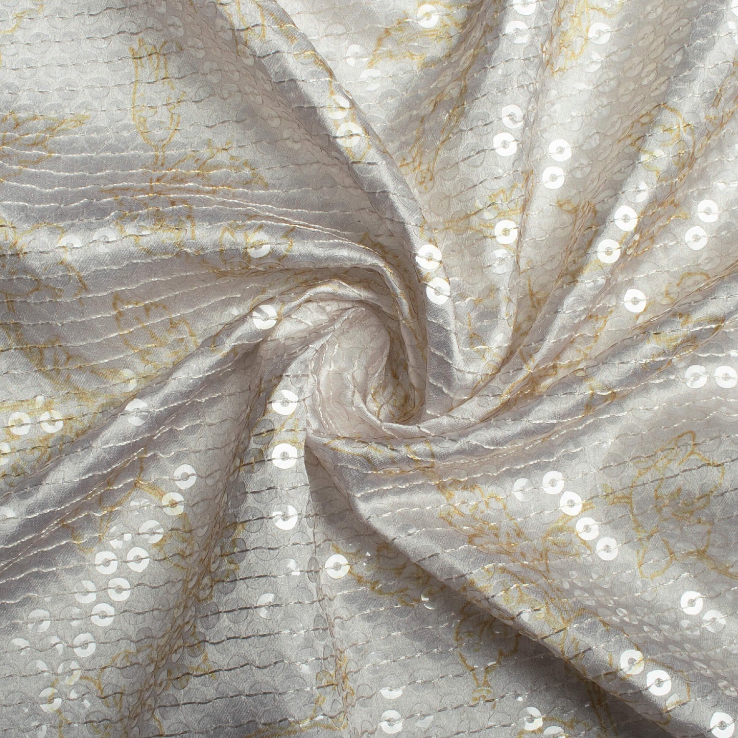 Off White And Olive Green Floral Pattern All Over Premium Water Sequins Digital Print Japan Satin Fabric