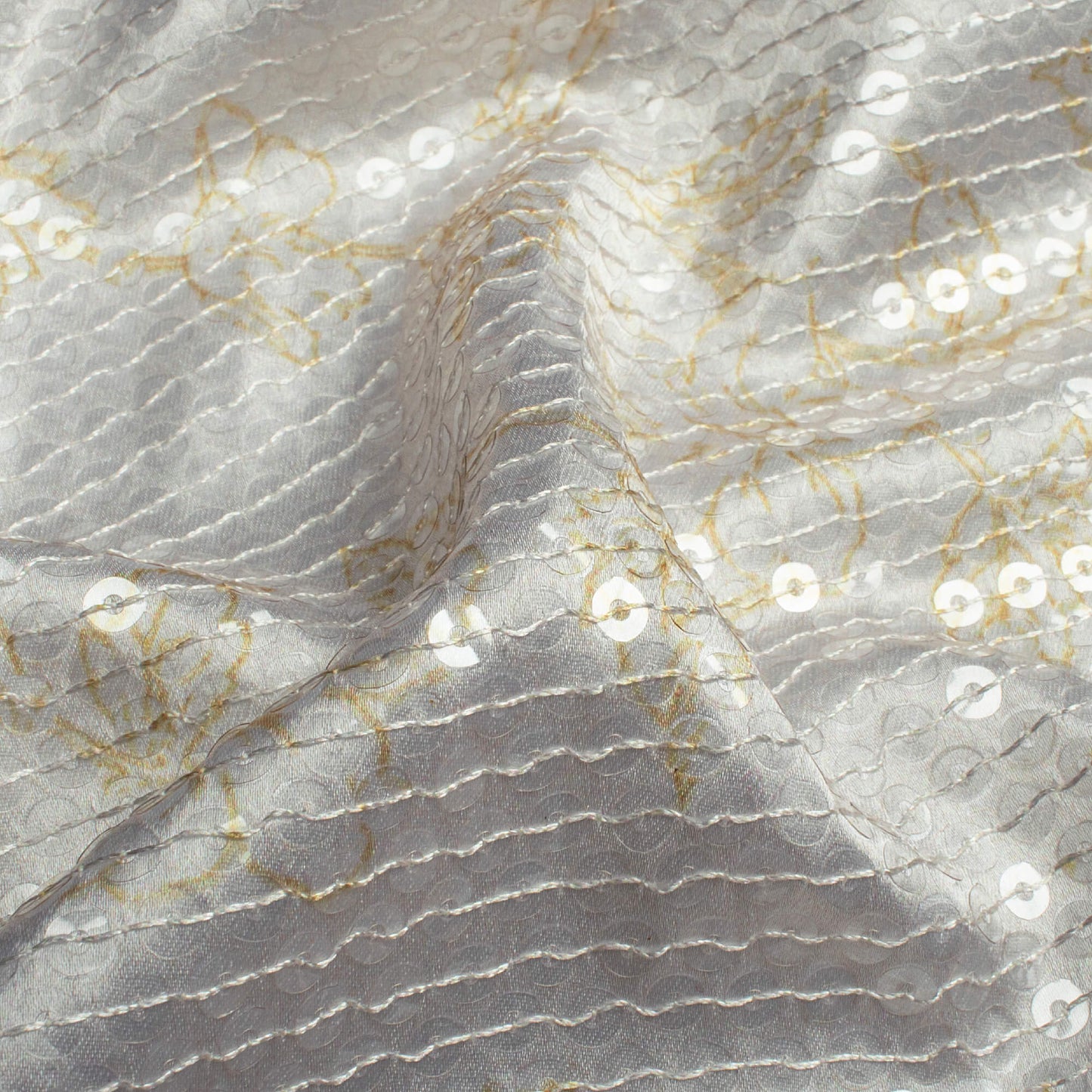 Off White And Olive Green Floral Pattern All Over Premium Water Sequins Digital Print Japan Satin Fabric