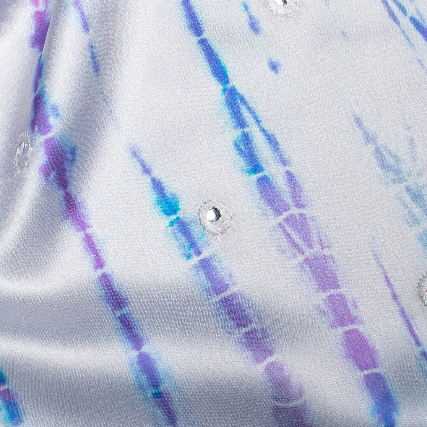 Off White And Purple Shibori Pattern Embroidery With Foil Mirror Work Digital Print Japan Satin Fabric