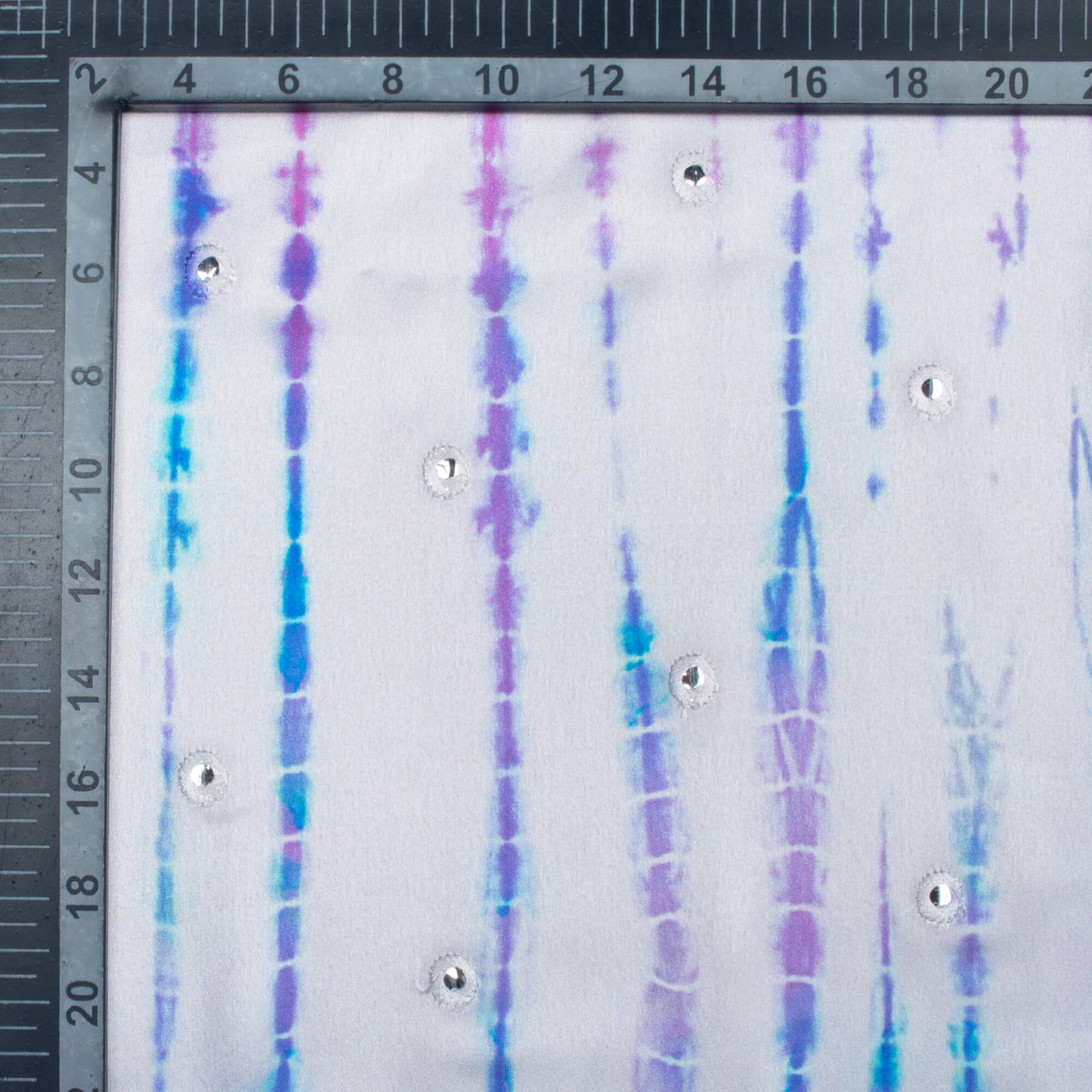 Off White And Purple Shibori Pattern Embroidery With Foil Mirror Work Digital Print Japan Satin Fabric