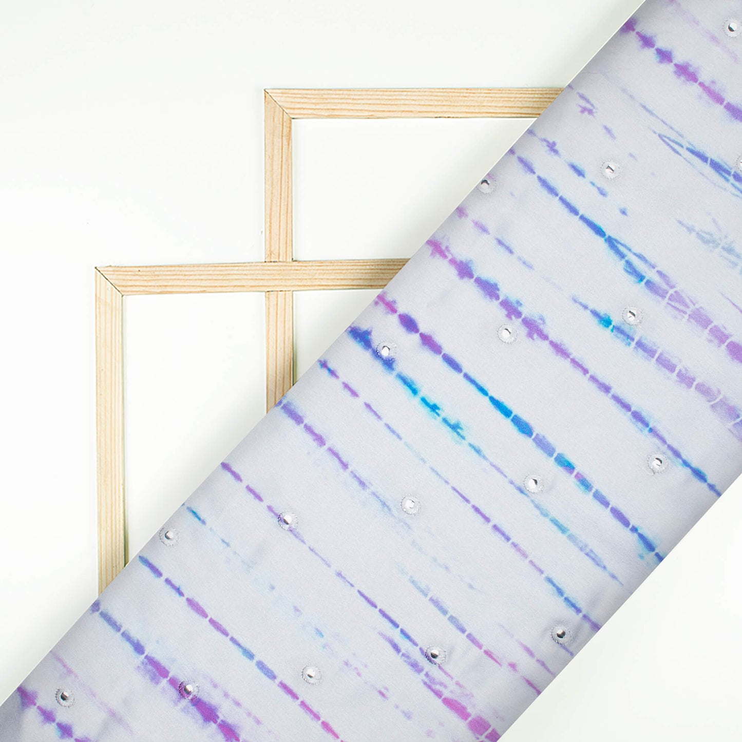 Off White And Purple Shibori Pattern Embroidery With Foil Mirror Work Digital Print Japan Satin Fabric