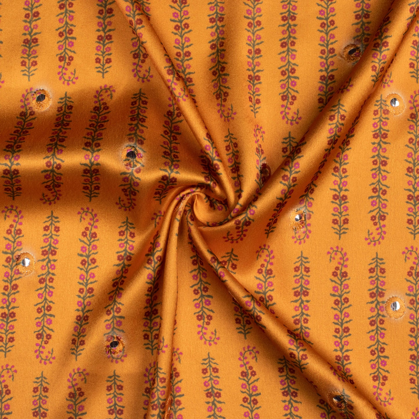 Ochre Yellow And Red Floral Pattern Embroidery With Foil Mirror Work Digital Print Japan Satin Fabric