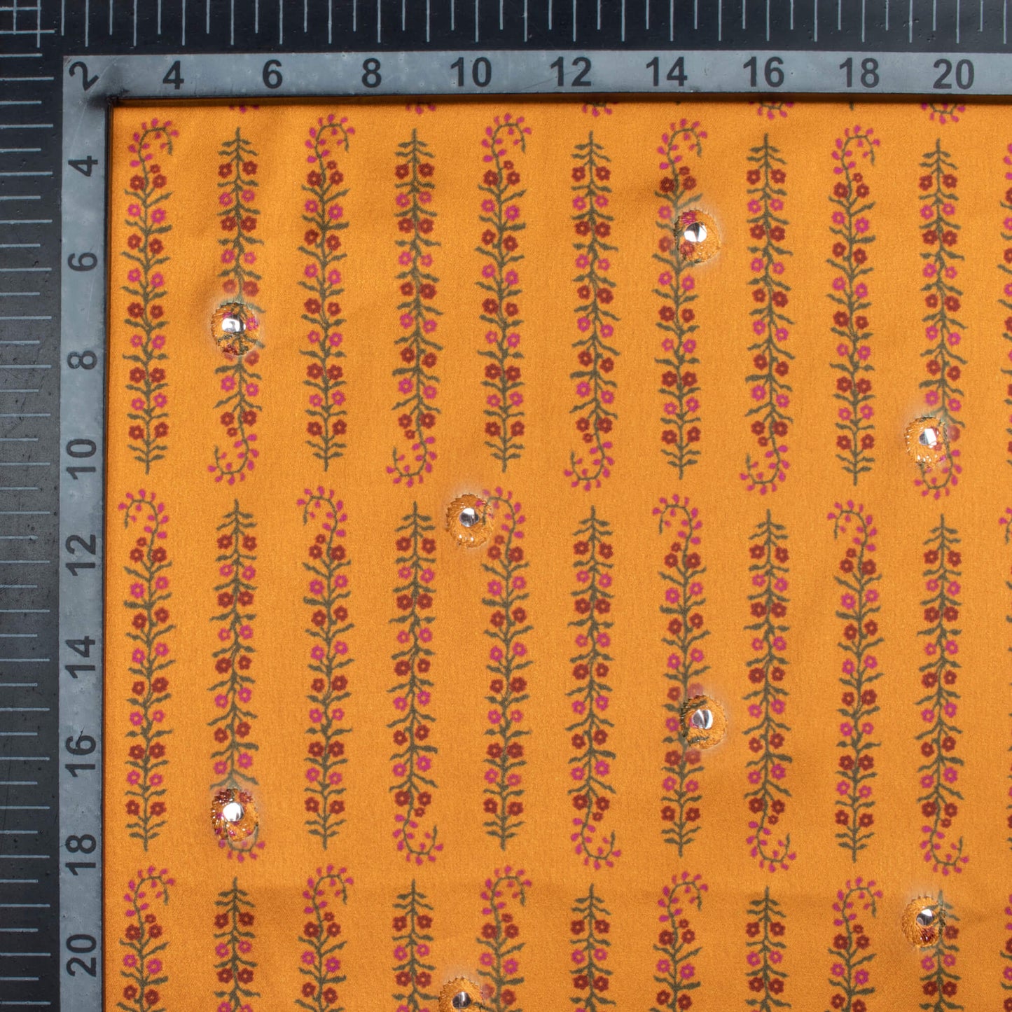 Ochre Yellow And Red Floral Pattern Embroidery With Foil Mirror Work Digital Print Japan Satin Fabric