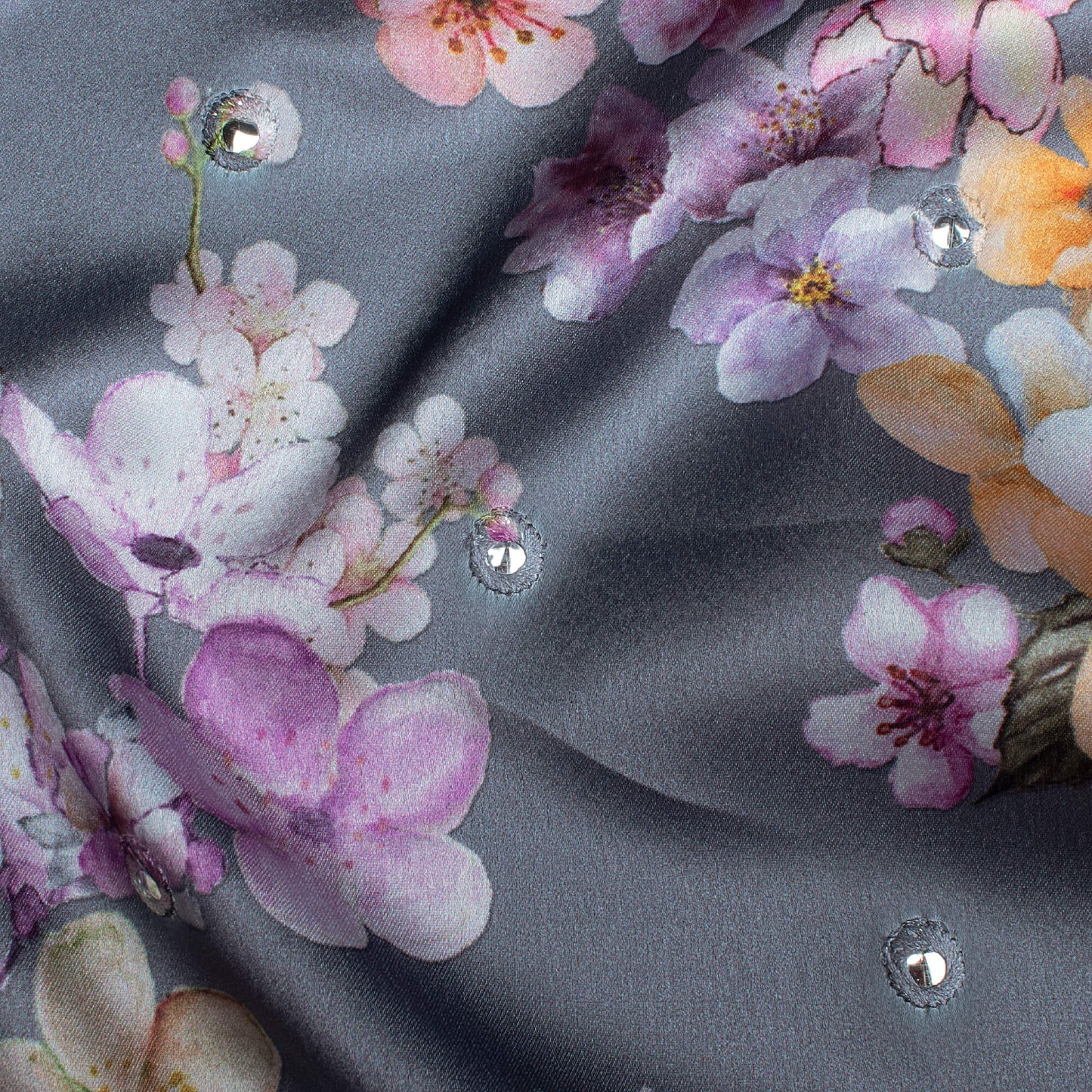 Steel Grey And Purple Floral Pattern Embroidery With Foil Mirror Work Digital Print Japan Satin Fabric
