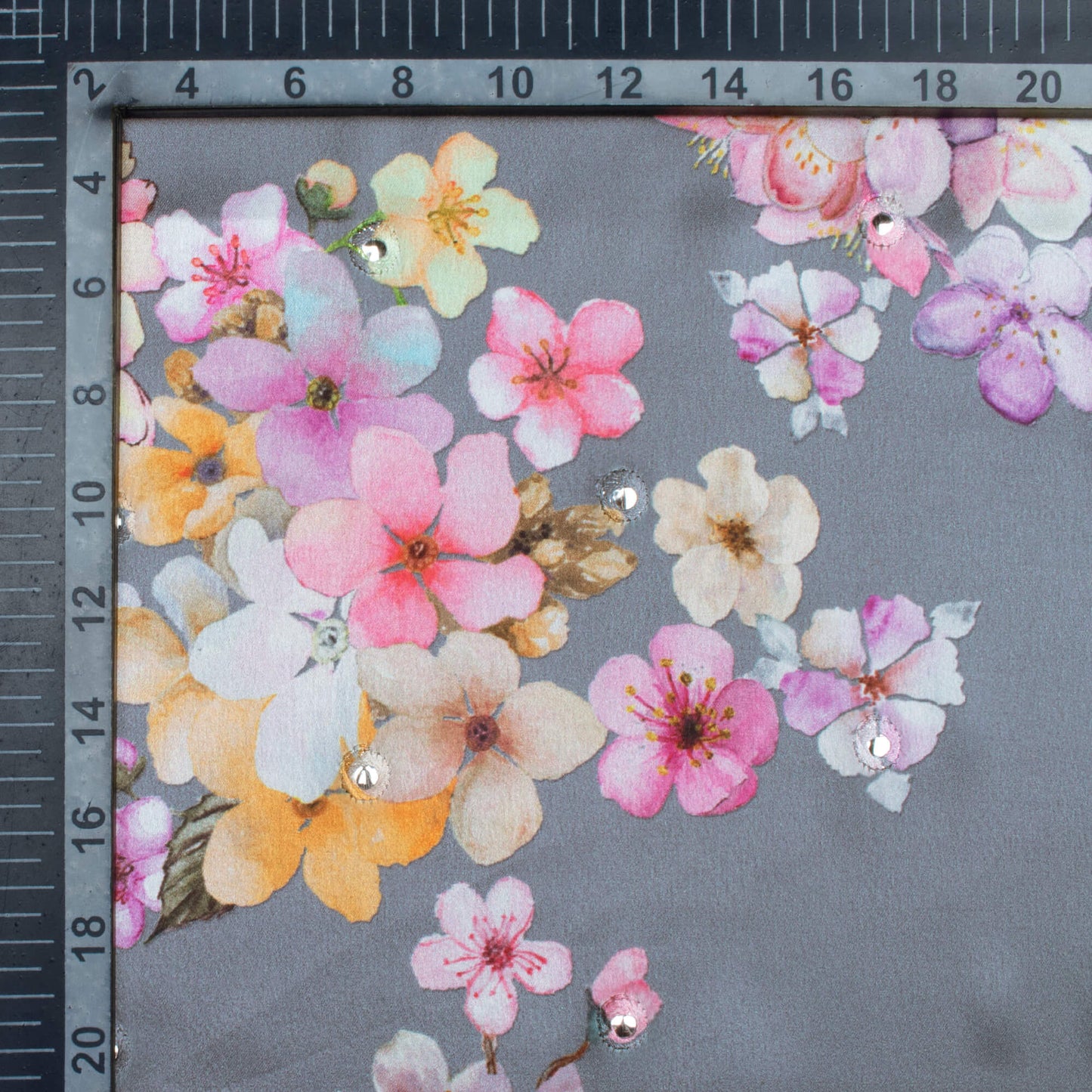 Steel Grey And Purple Floral Pattern Embroidery With Foil Mirror Work Digital Print Japan Satin Fabric