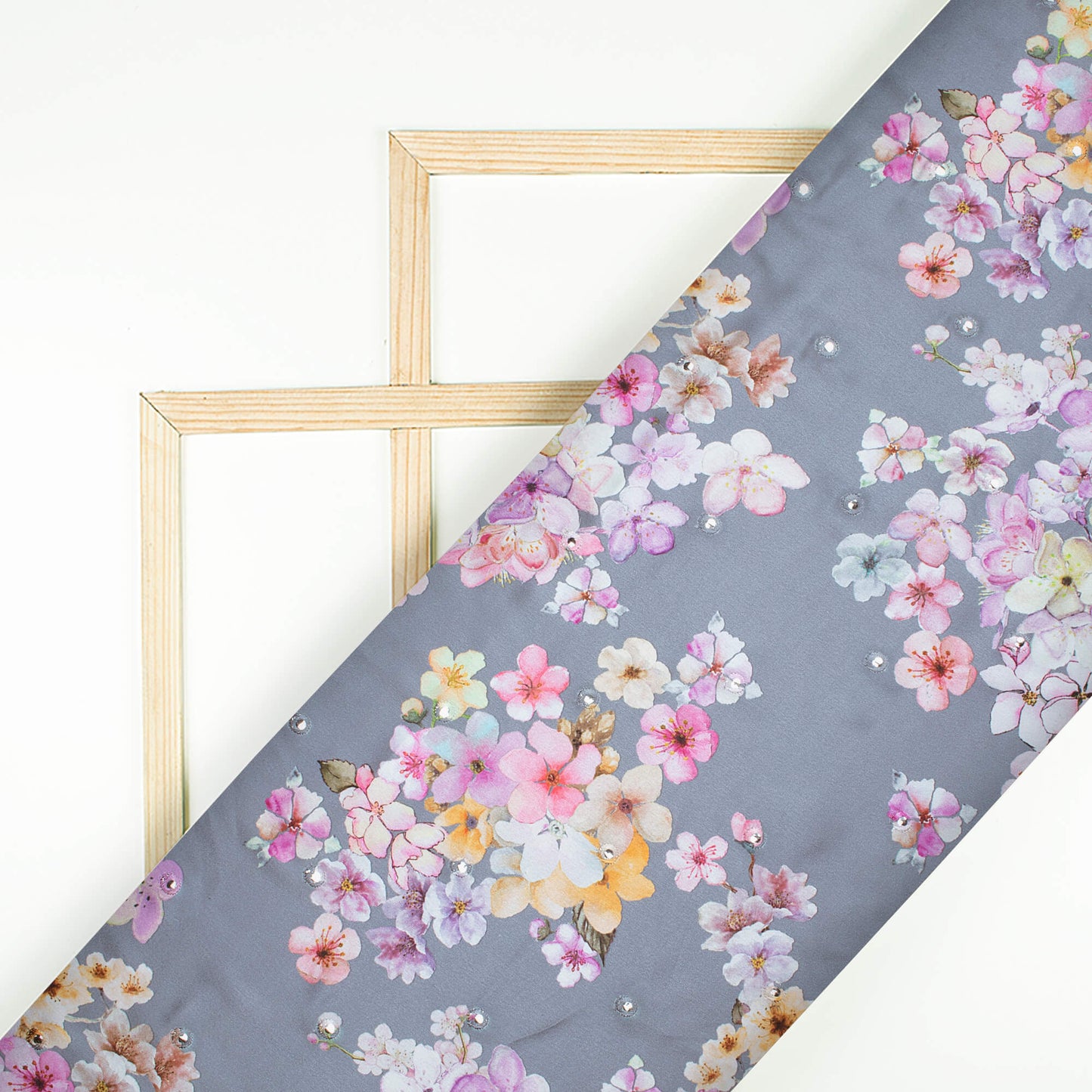 Steel Grey And Purple Floral Pattern Embroidery With Foil Mirror Work Digital Print Japan Satin Fabric