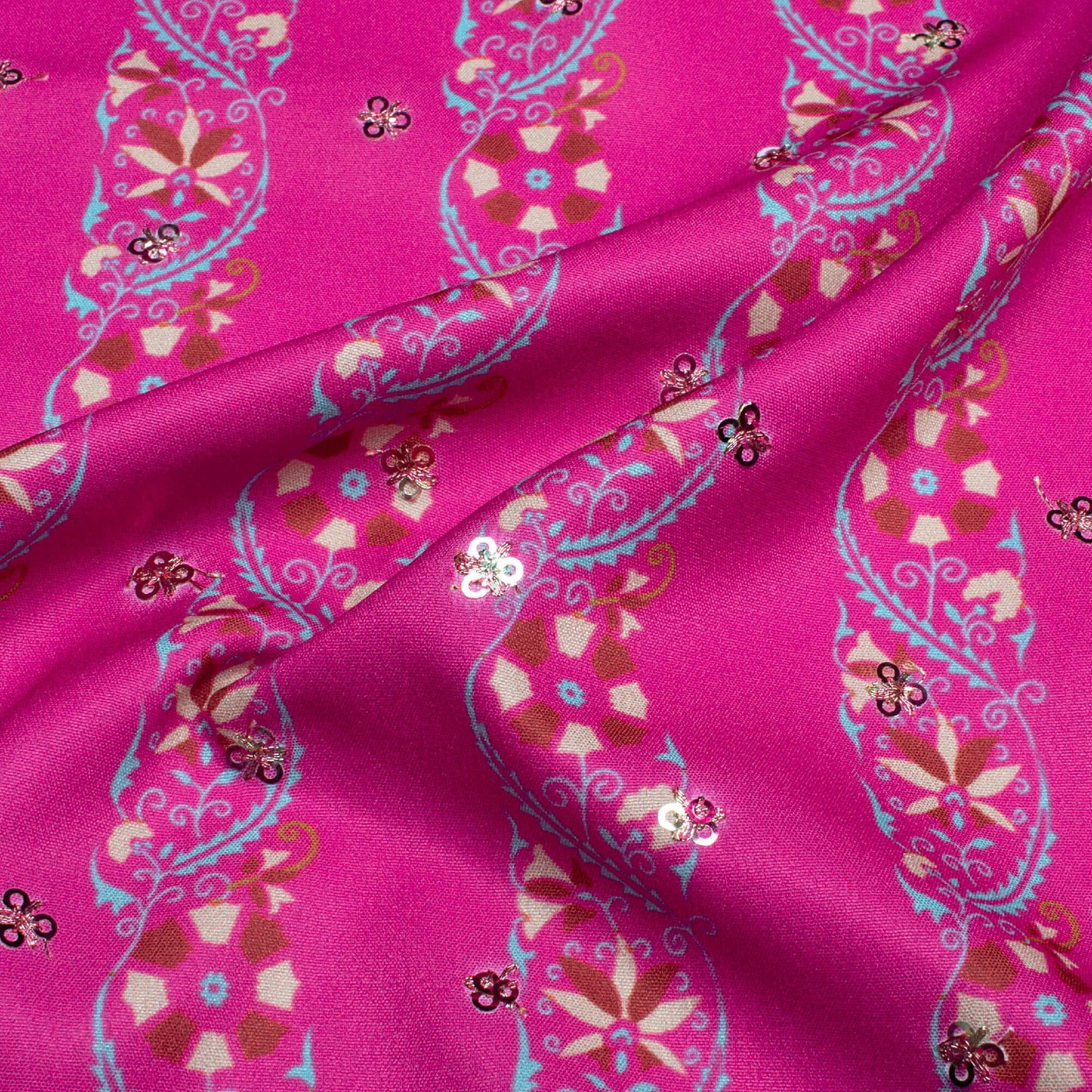 Magenta Pink And Oat Beige Stripes Pattern Booti Sequins Digital Print Ultra Premium Butter Crepe Fabric