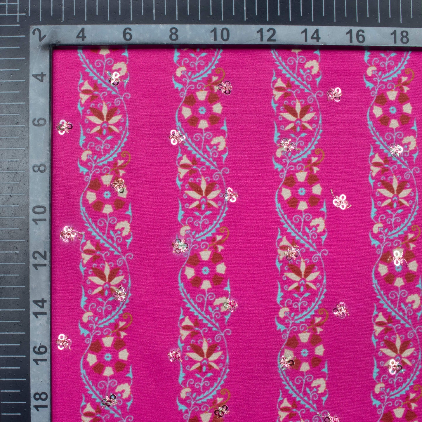Magenta Pink And Oat Beige Stripes Pattern Booti Sequins Digital Print Ultra Premium Butter Crepe Fabric