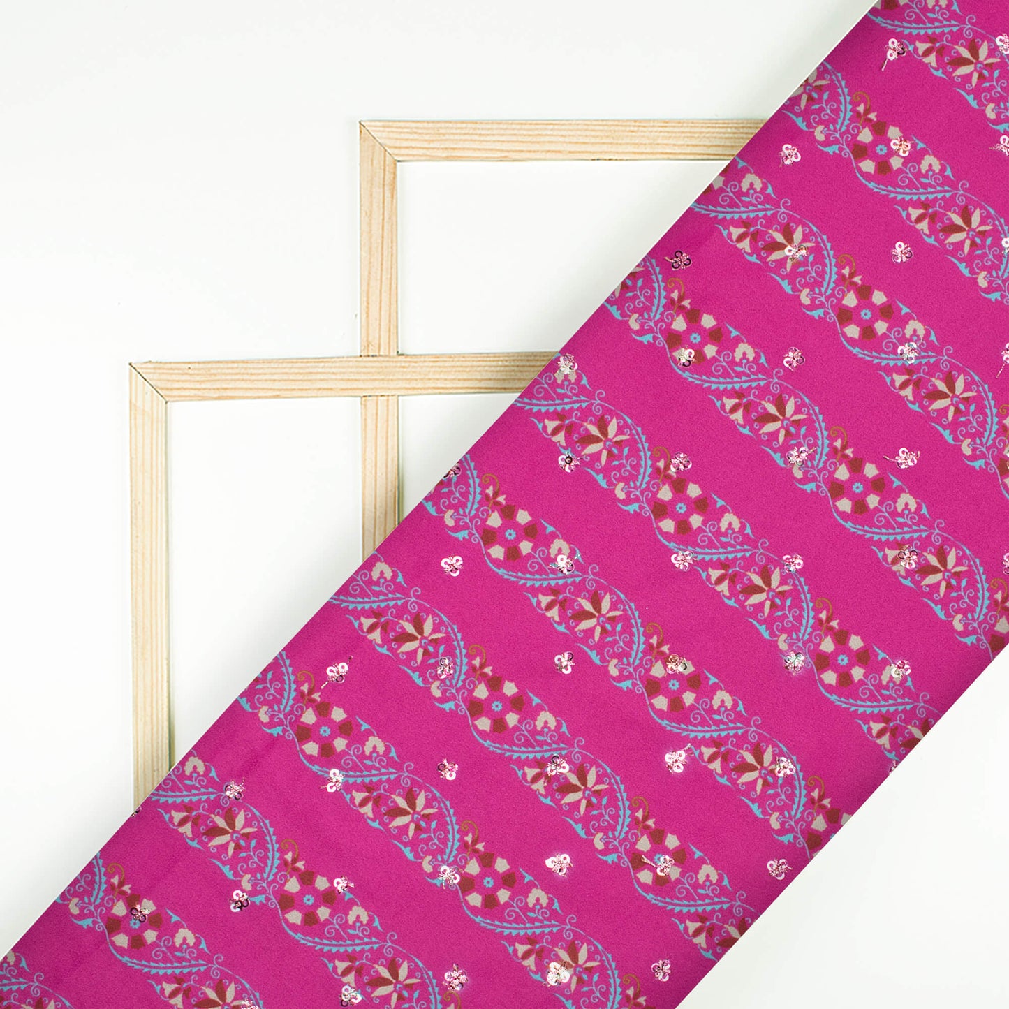 Magenta Pink And Oat Beige Stripes Pattern Booti Sequins Digital Print Ultra Premium Butter Crepe Fabric