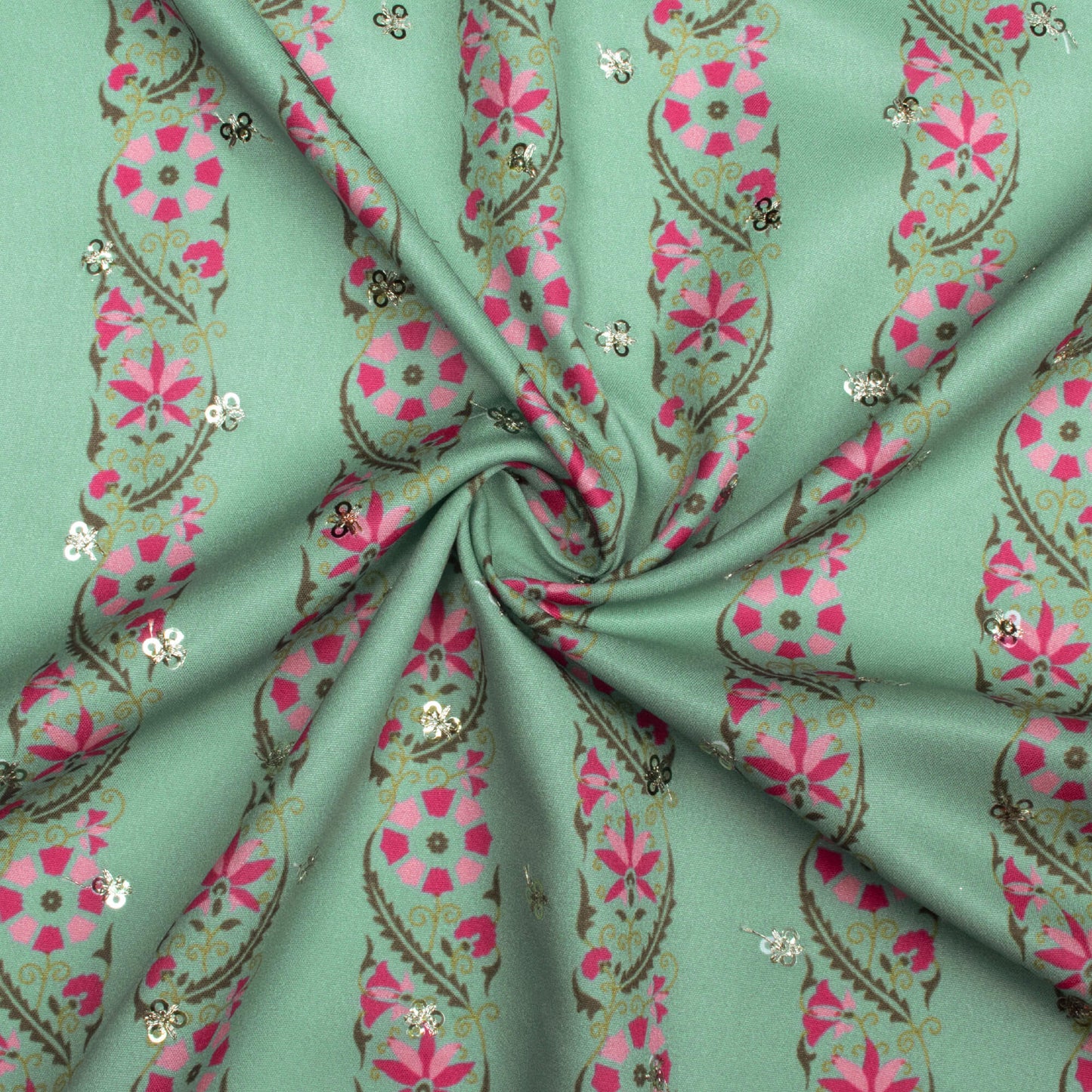 Pistachio Green And Pink Stripes Pattern Booti Sequins Digital Print Ultra Premium Butter Crepe Fabric