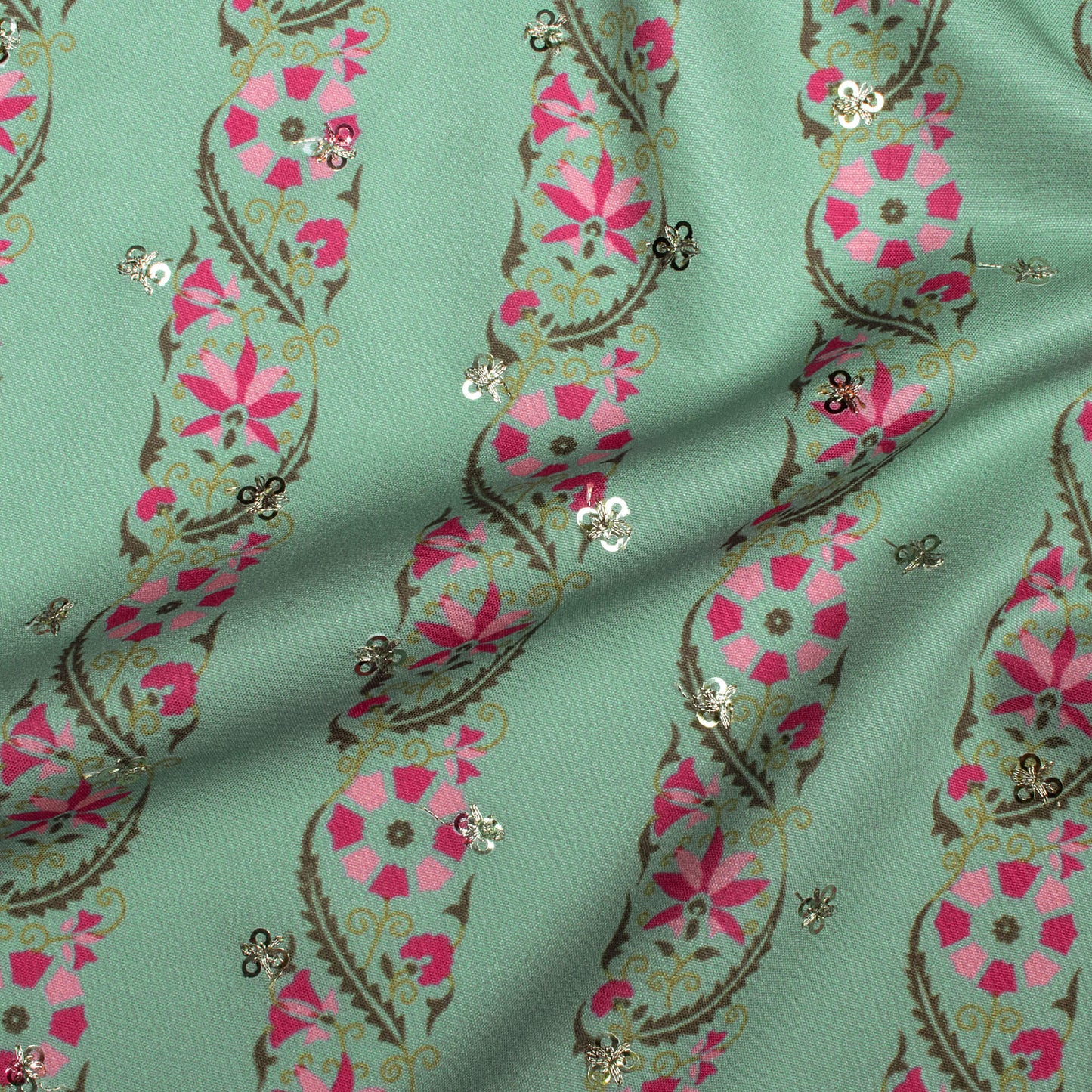 Pistachio Green And Pink Stripes Pattern Booti Sequins Digital Print Ultra Premium Butter Crepe Fabric