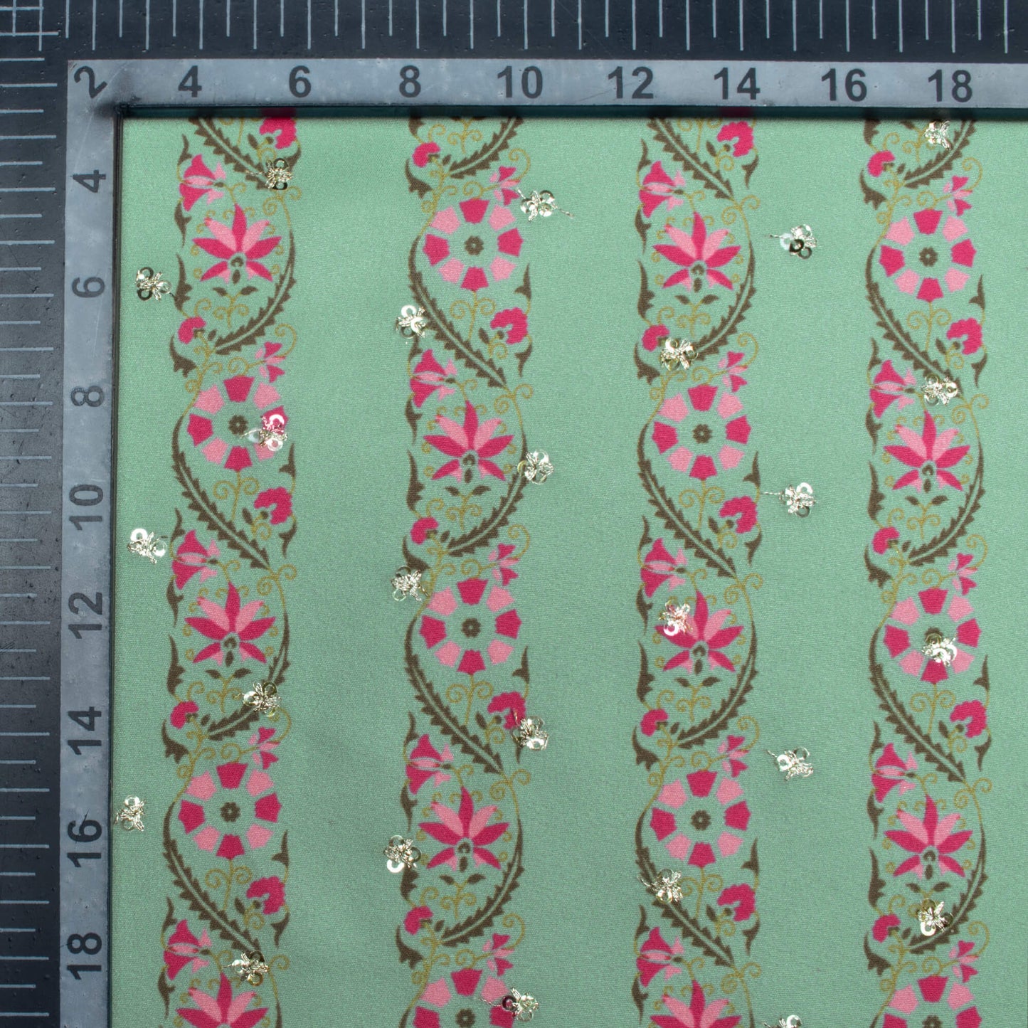 Pistachio Green And Pink Stripes Pattern Booti Sequins Digital Print Ultra Premium Butter Crepe Fabric
