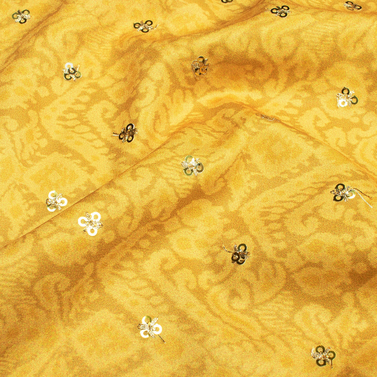 Mustard Yellow Ethnic Pattern Booti Sequins Digital Print Ultra Premium Butter Crepe Fabric