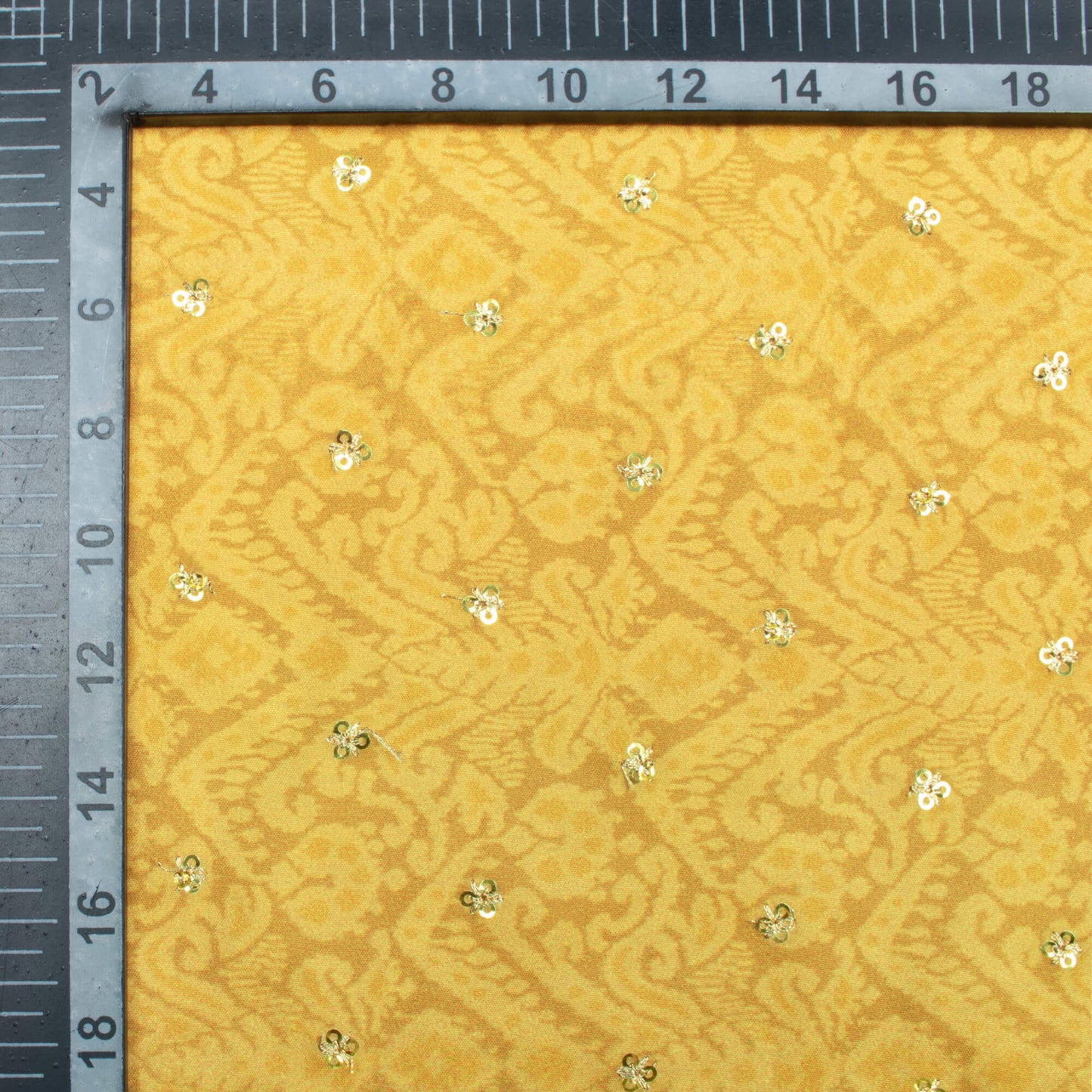 Mustard Yellow Ethnic Pattern Booti Sequins Digital Print Ultra Premium Butter Crepe Fabric