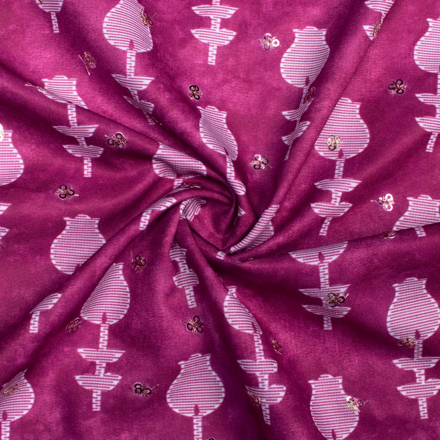 Raspberry Pink Floral Pattern Booti Sequins Digital Print Ultra Premium Butter Crepe Fabric