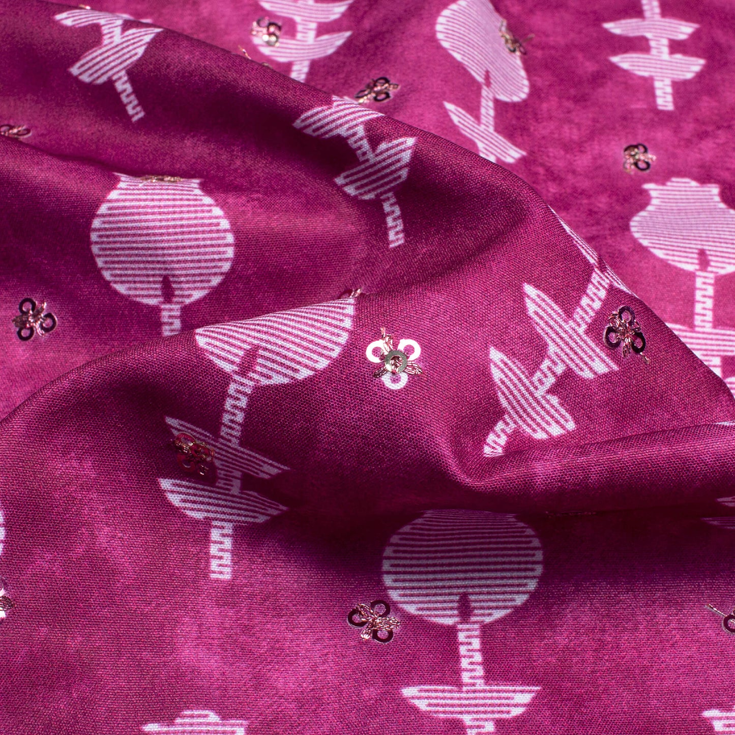 Raspberry Pink Floral Pattern Booti Sequins Digital Print Ultra Premium Butter Crepe Fabric