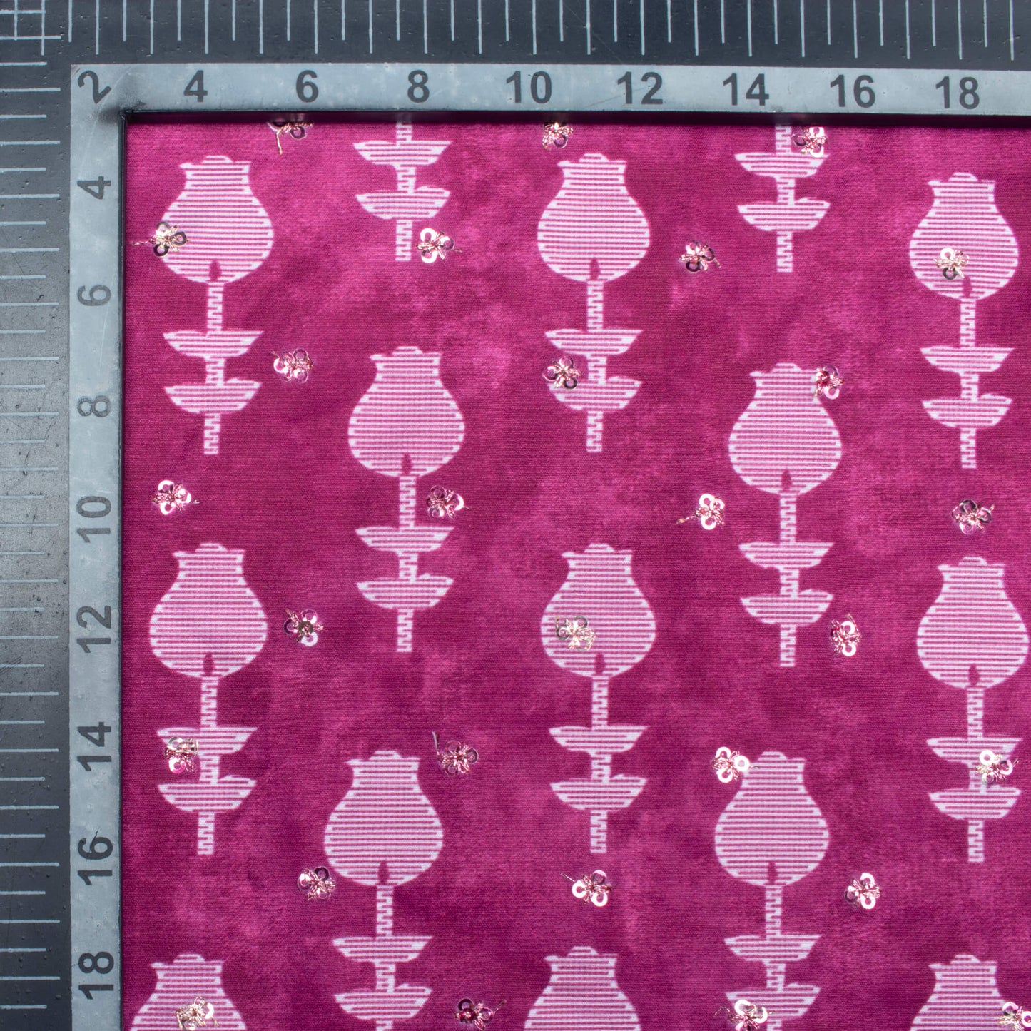 Raspberry Pink Floral Pattern Booti Sequins Digital Print Ultra Premium Butter Crepe Fabric
