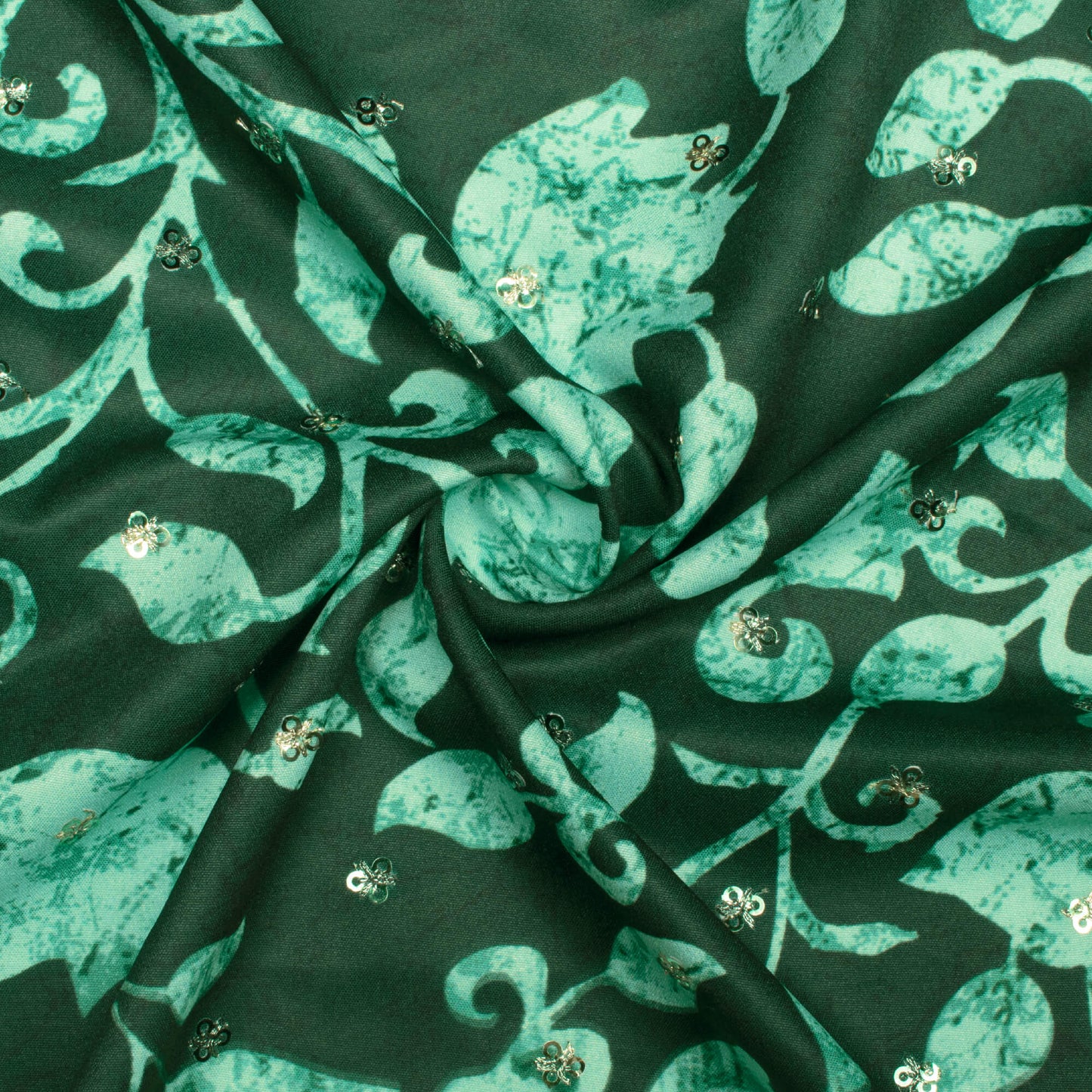 Dark Green And Mint Green Floral Pattern Booti Sequins Digital Print Ultra Premium Butter Crepe Fabric