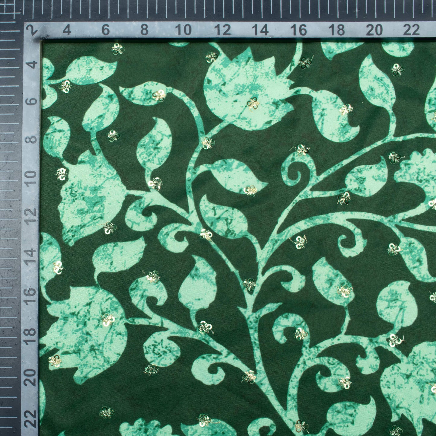 Dark Green And Mint Green Floral Pattern Booti Sequins Digital Print Ultra Premium Butter Crepe Fabric