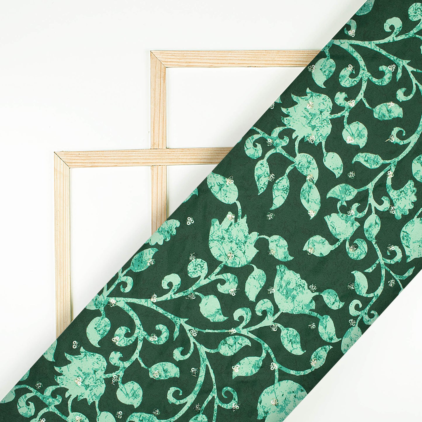 Dark Green And Mint Green Floral Pattern Booti Sequins Digital Print Ultra Premium Butter Crepe Fabric