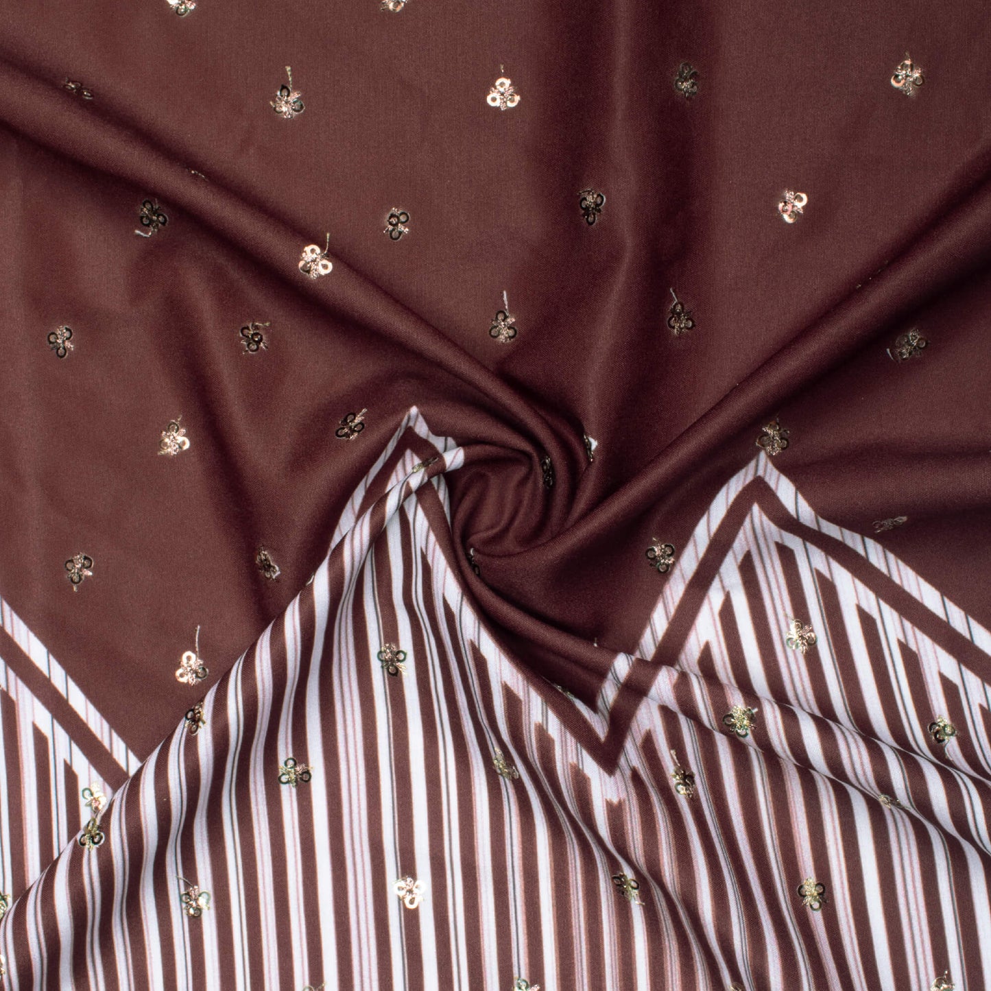 Chocolate Brown And White Daman Pattern Booti Sequins Digital Print Ultra Premium Butter Crepe Fabric