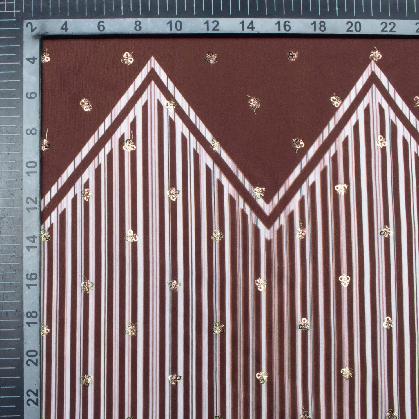 Chocolate Brown And White Daman Pattern Booti Sequins Digital Print Ultra Premium Butter Crepe Fabric