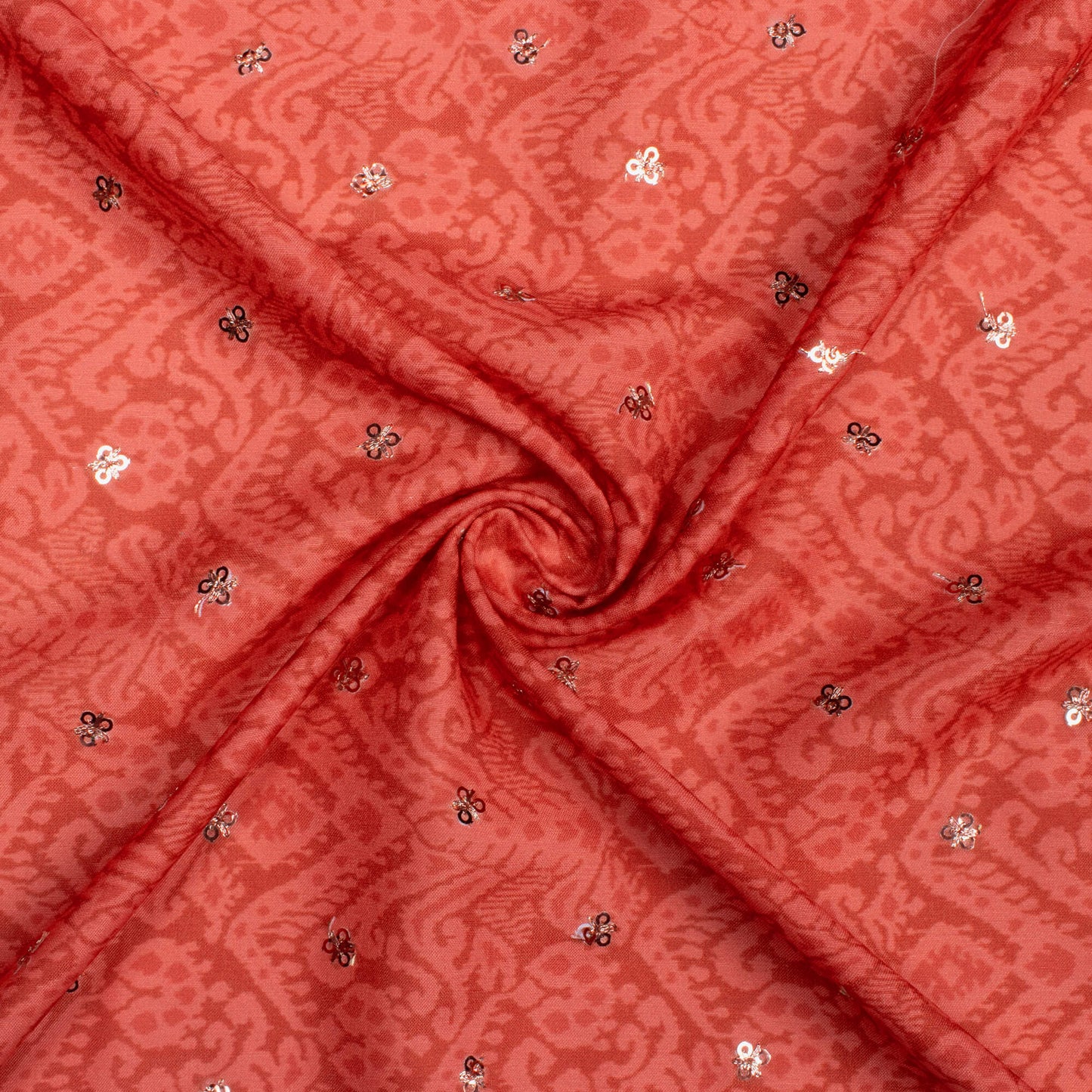 Vermillion Red Ethnic Pattern Booti Sequins Digital Print Poly Muslin Fabric