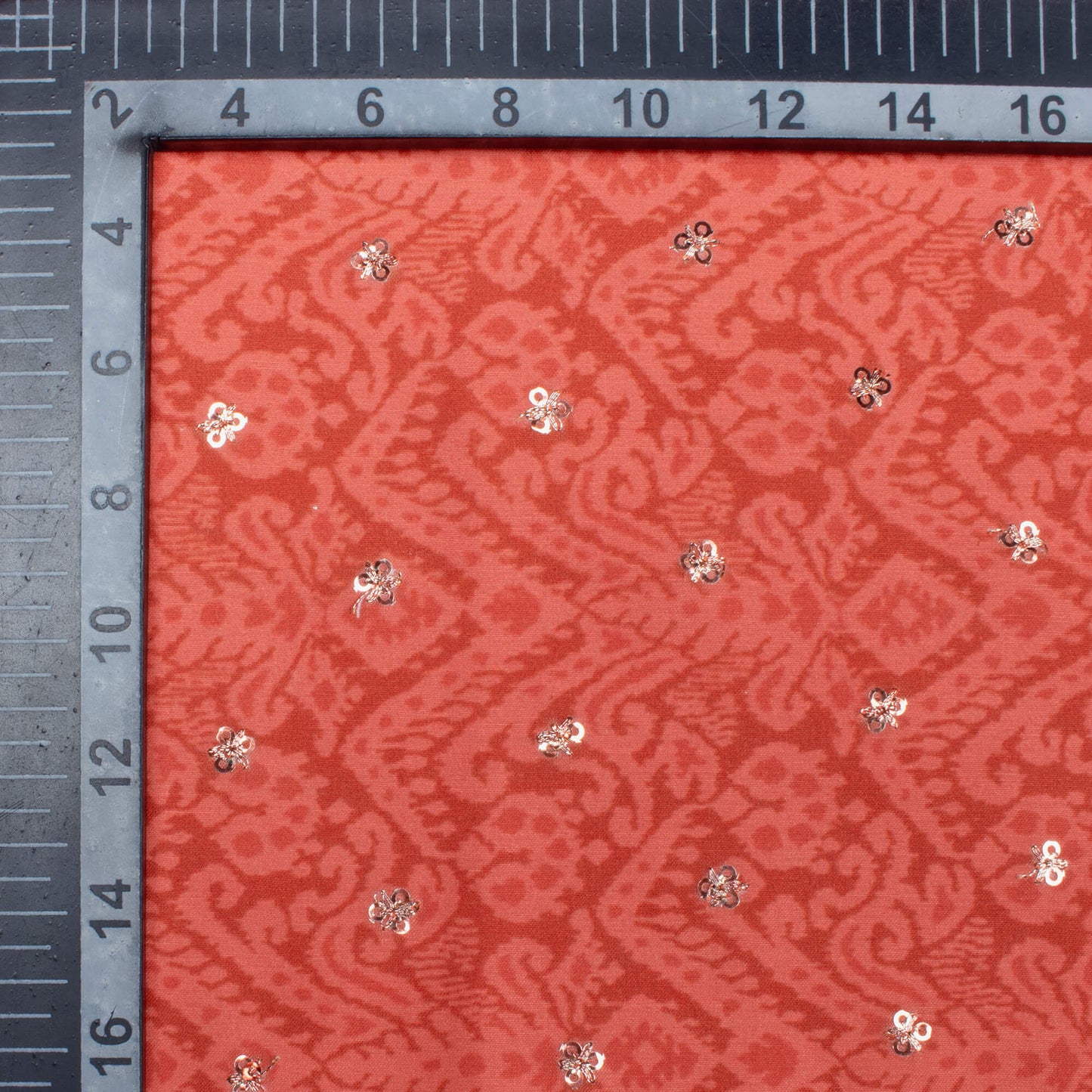 Vermillion Red Ethnic Pattern Booti Sequins Digital Print Poly Muslin Fabric