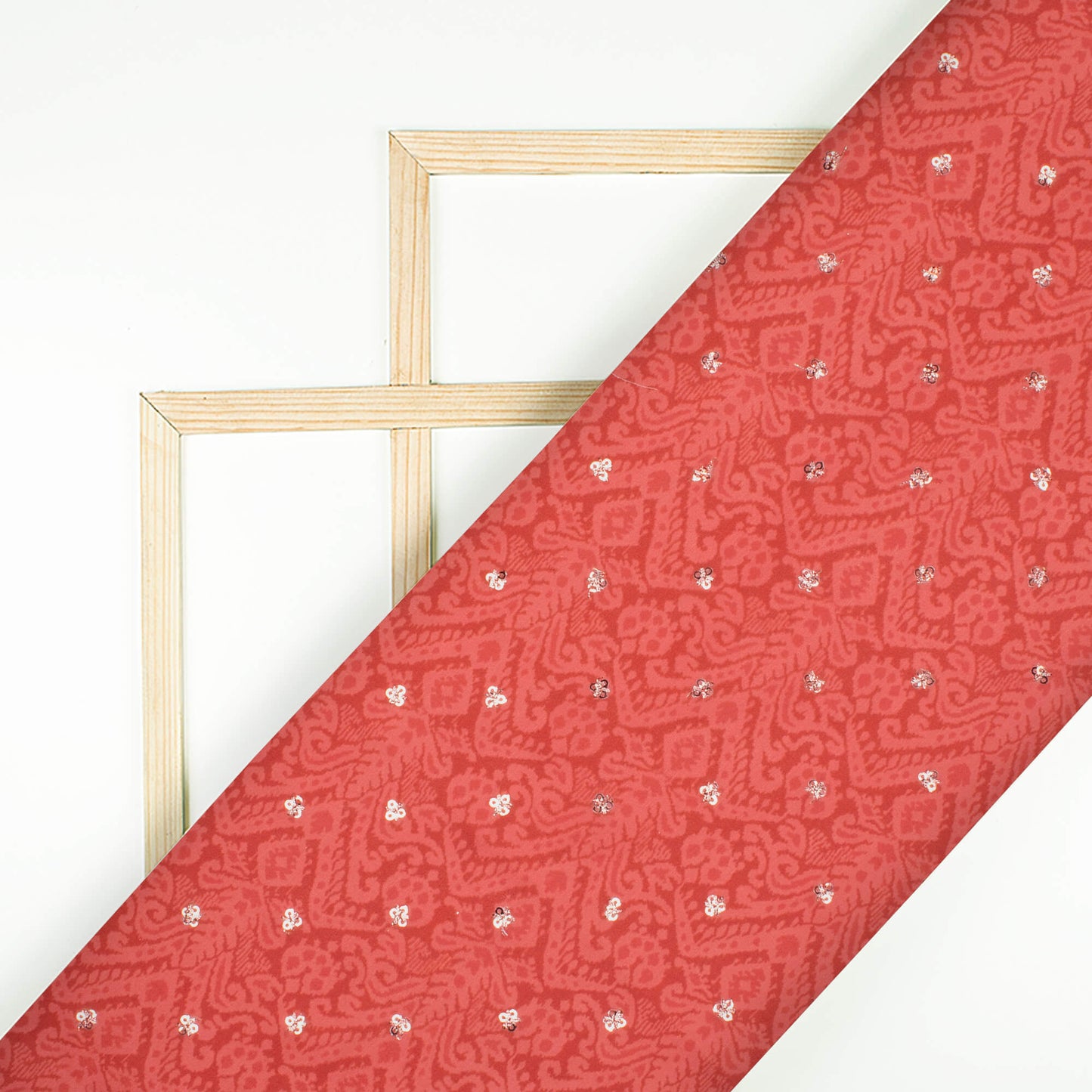 Vermillion Red Ethnic Pattern Booti Sequins Digital Print Poly Muslin Fabric