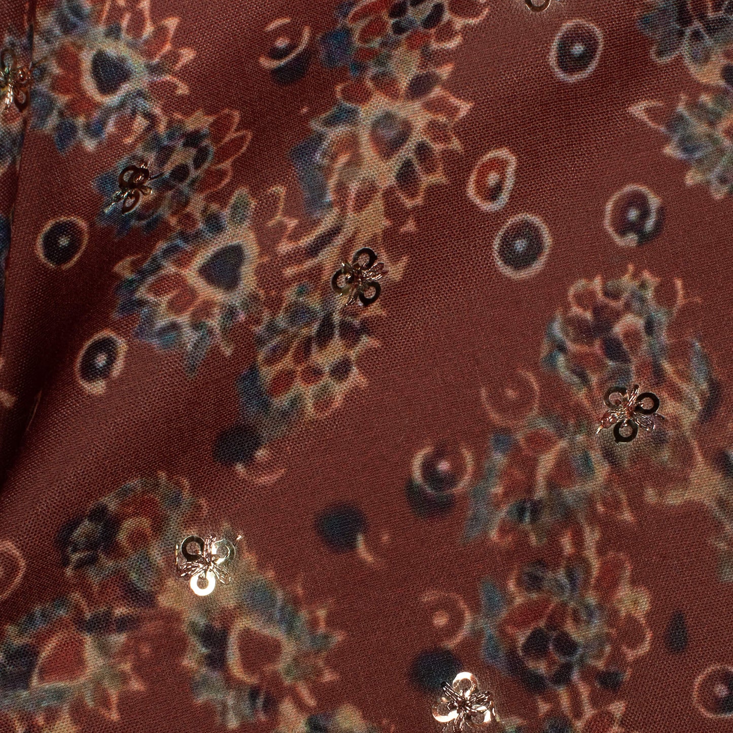 Cinnamon Brown Floral Pattern Booti Sequins Digital Print Poly Muslin Fabric