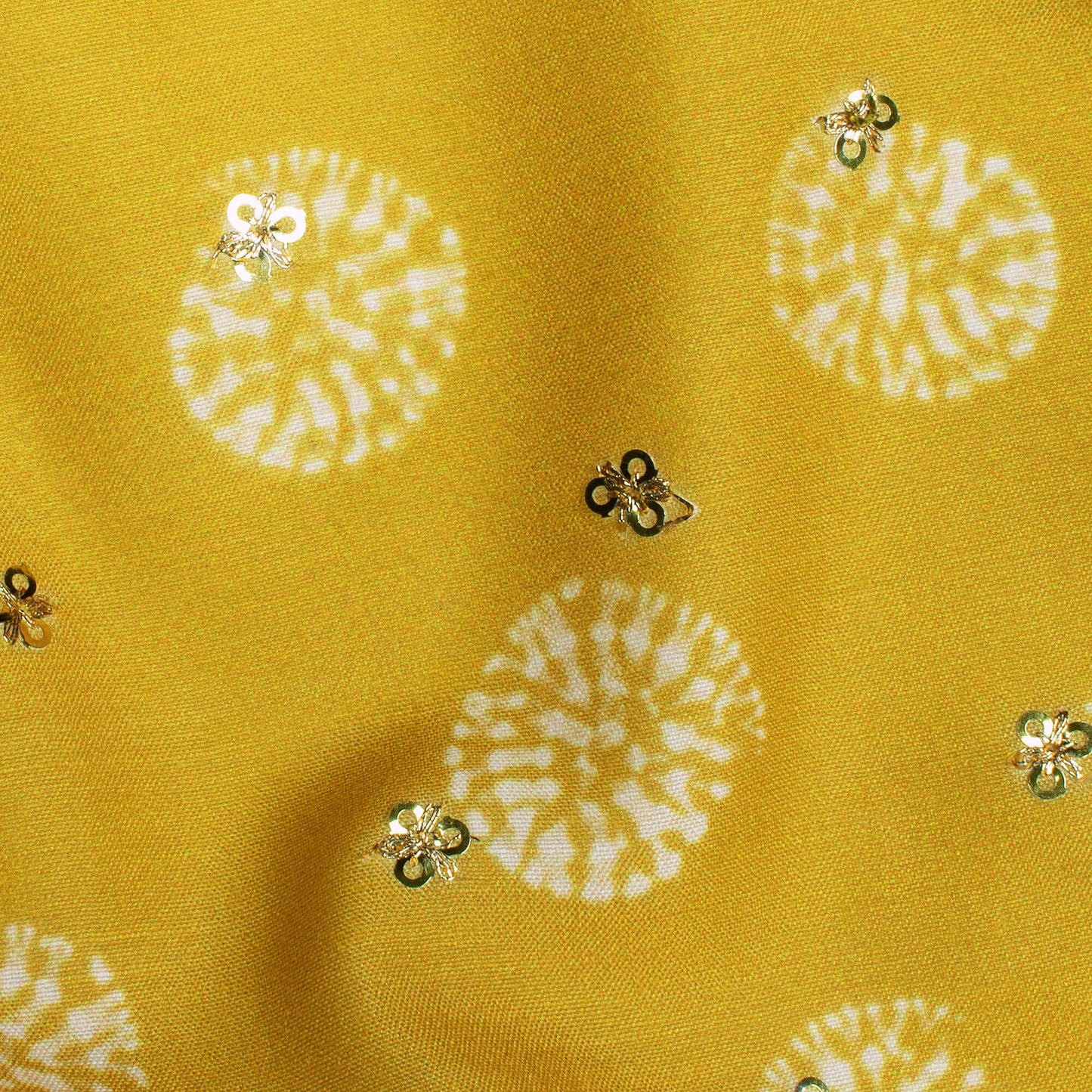 Pineapple Yellow And White Geometric Pattern Booti Sequins Digital Print Poly Muslin Fabric