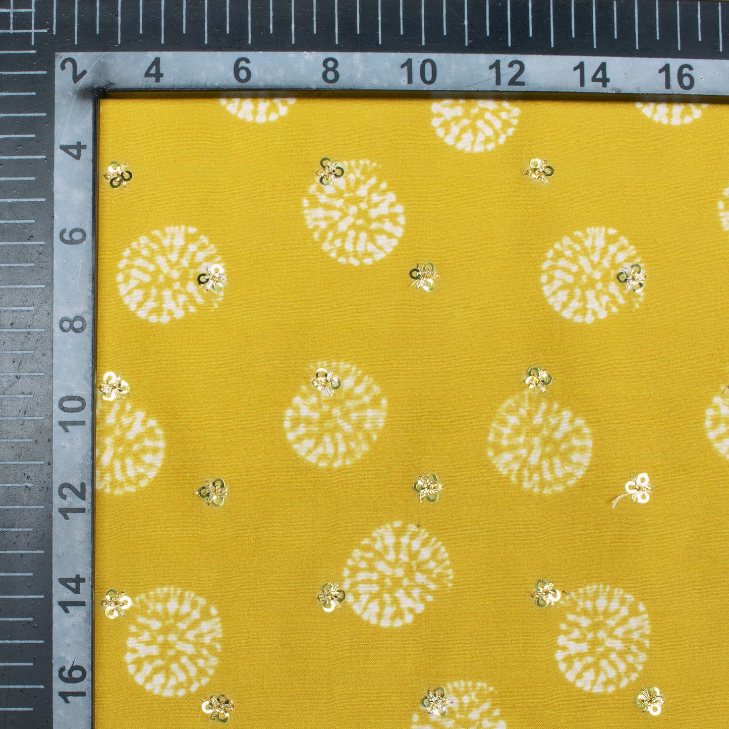 Pineapple Yellow And White Geometric Pattern Booti Sequins Digital Print Poly Muslin Fabric