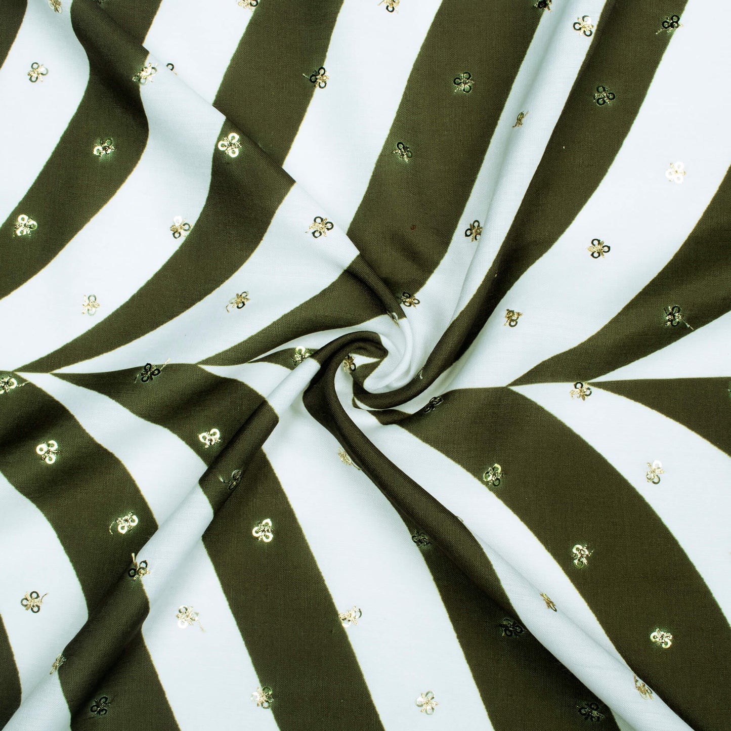 Olive Green And White Abstract Pattern Booti Sequins Digital Print Poly Muslin Fabric