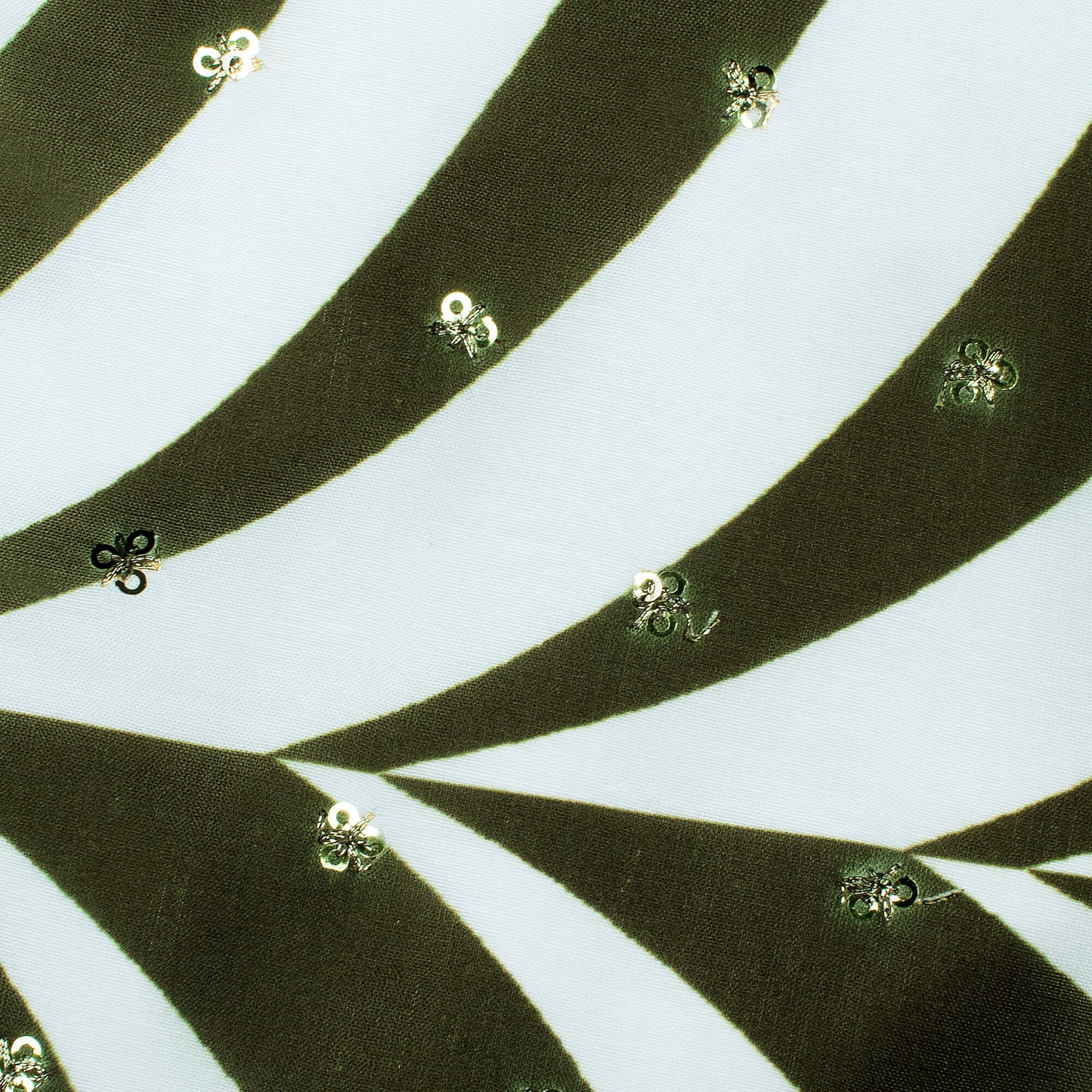 Olive Green And White Abstract Pattern Booti Sequins Digital Print Poly Muslin Fabric