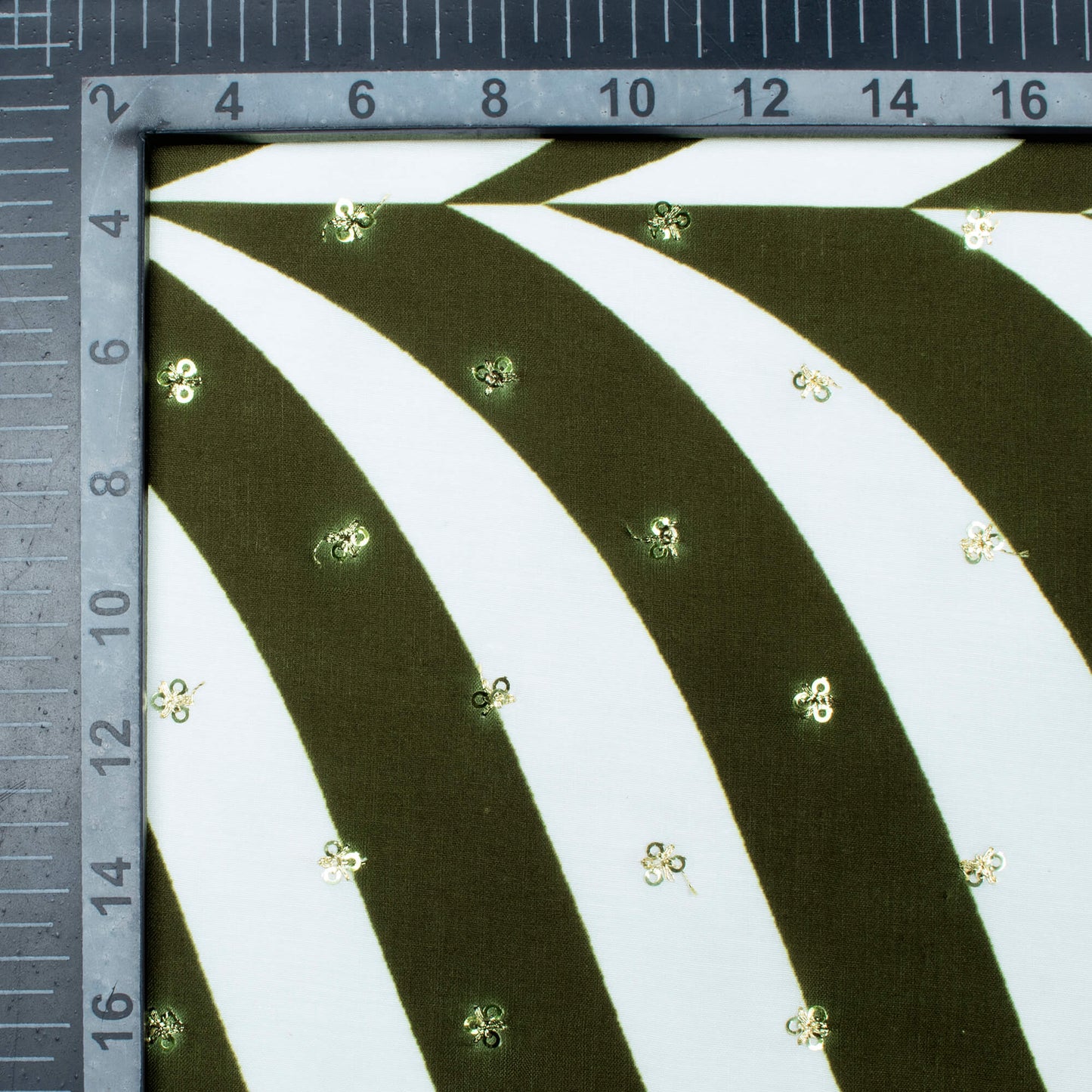 Olive Green And White Abstract Pattern Booti Sequins Digital Print Poly Muslin Fabric