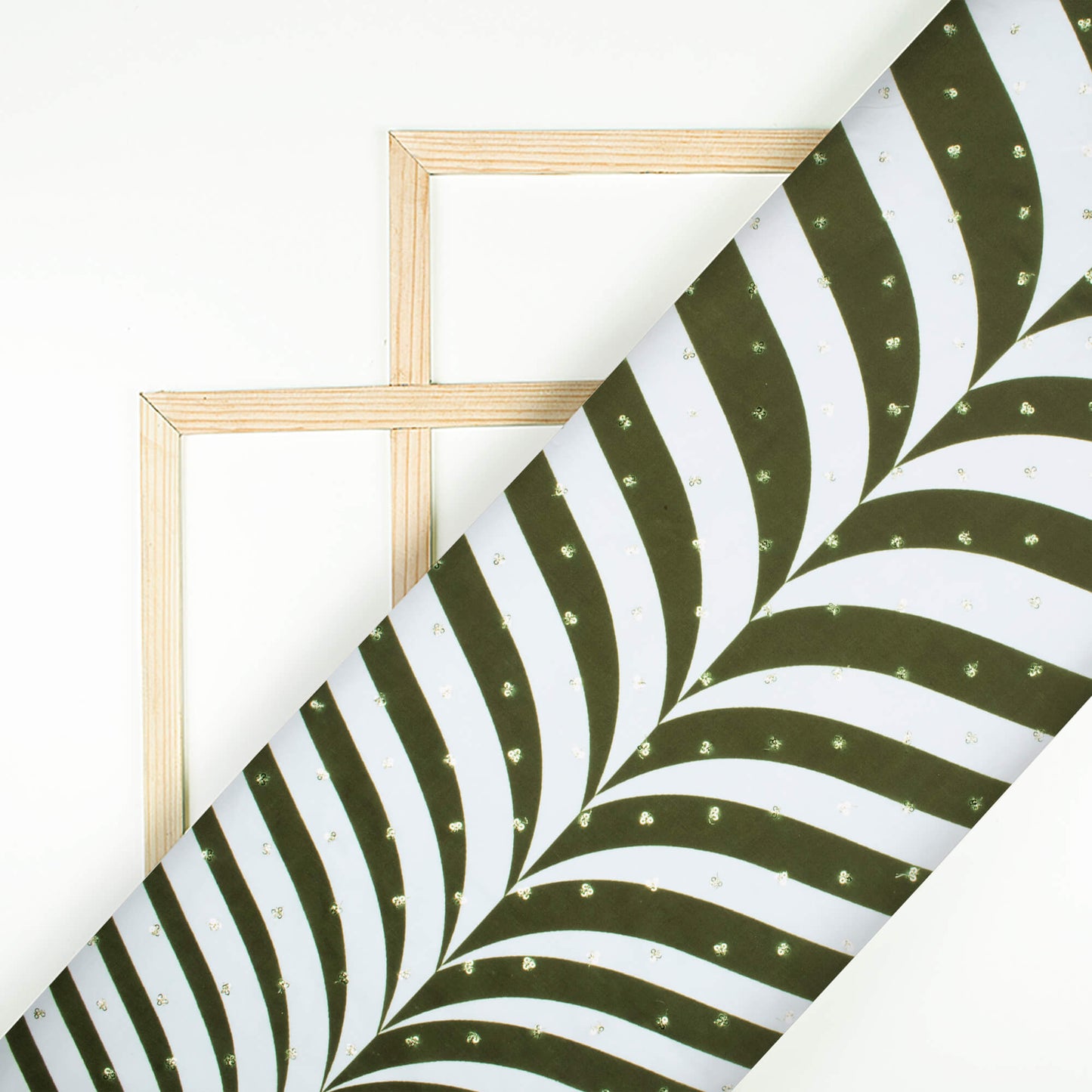 Olive Green And White Abstract Pattern Booti Sequins Digital Print Poly Muslin Fabric