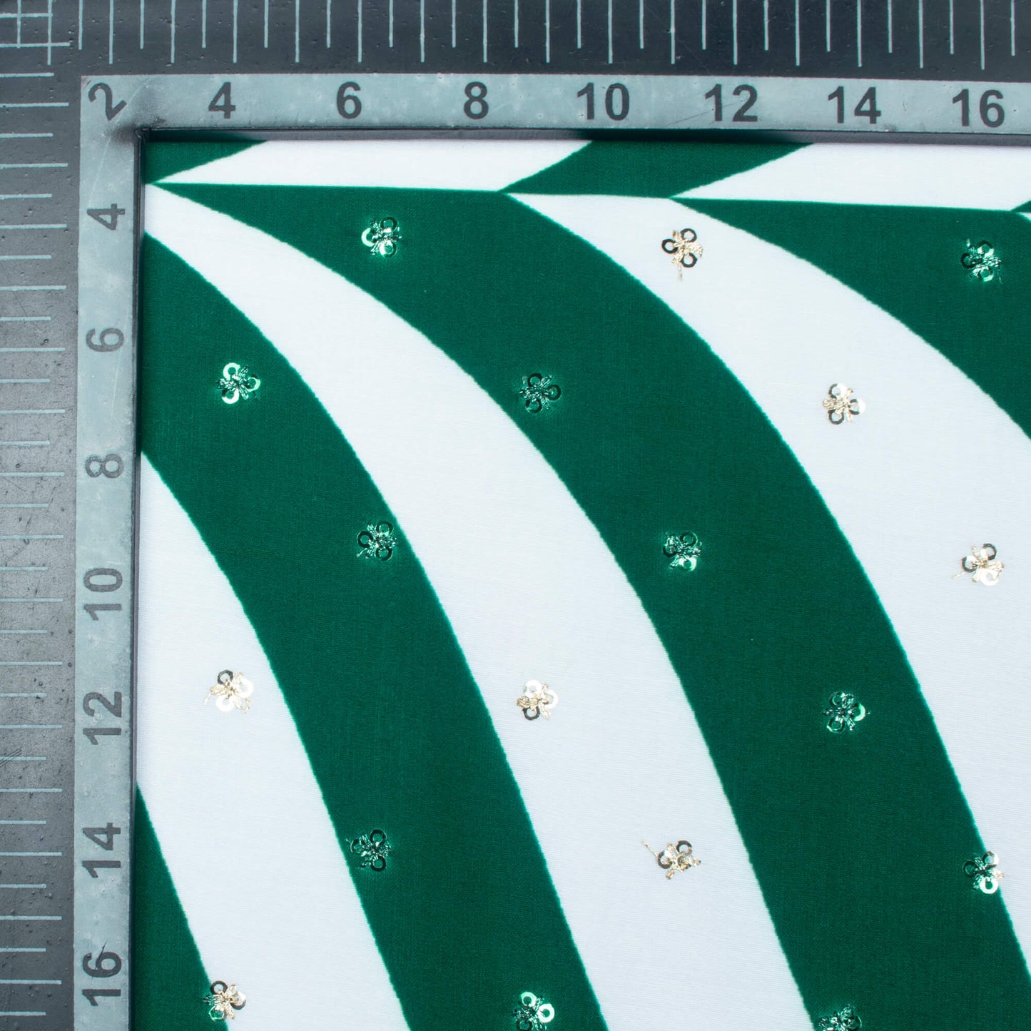 Sacramento Green And White Abstract Pattern Booti Sequins Digital Print Poly Muslin Fabric