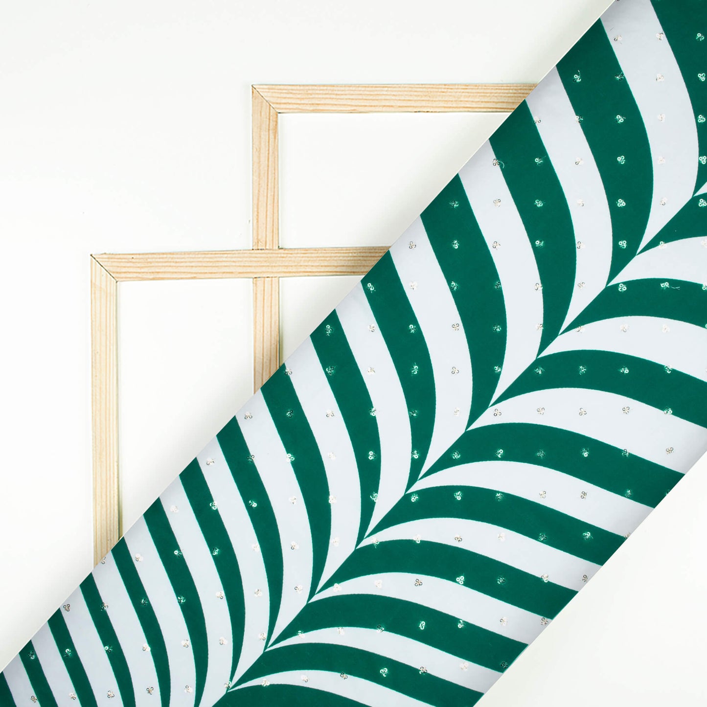 Sacramento Green And White Abstract Pattern Booti Sequins Digital Print Poly Muslin Fabric