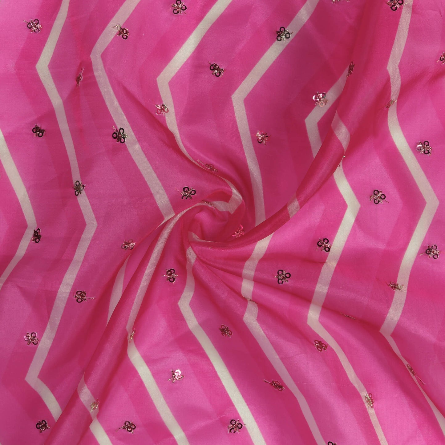 Taffy Pink And White Chevron Pattern Digital Print Booti Sequins Premium Liquid Organza Fabric