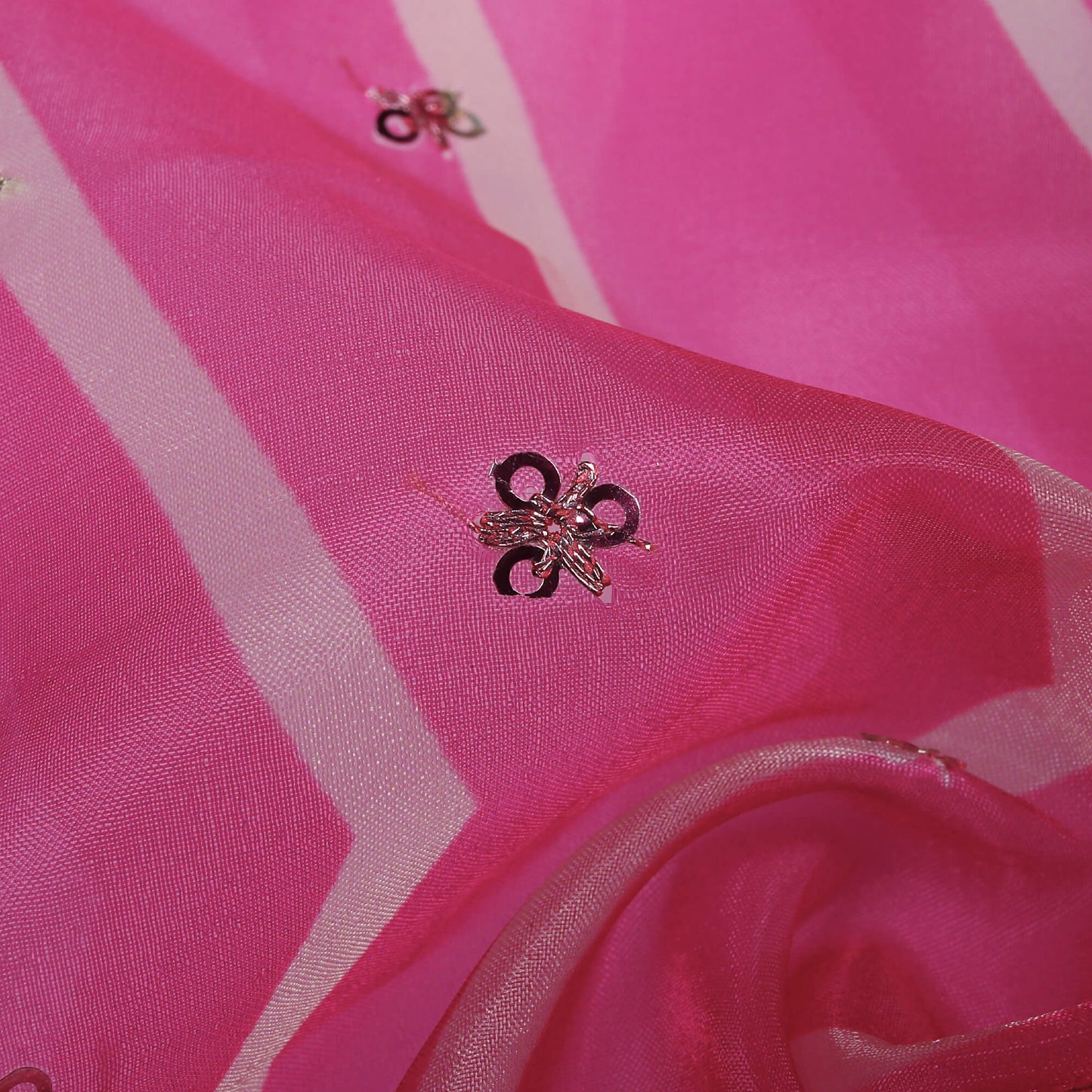 Taffy Pink And White Chevron Pattern Digital Print Booti Sequins Premium Liquid Organza Fabric