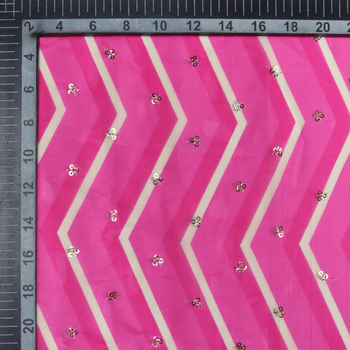 Taffy Pink And White Chevron Pattern Digital Print Booti Sequins Premium Liquid Organza Fabric