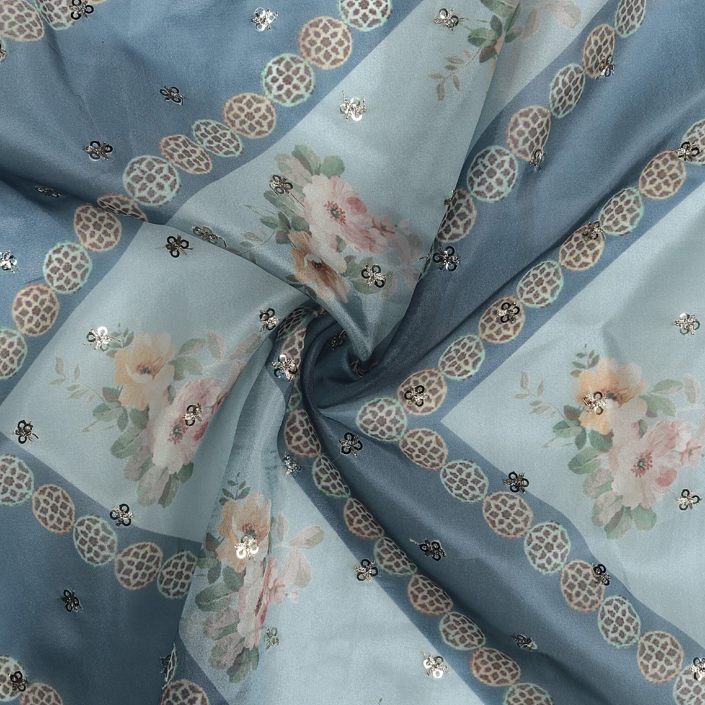 Teal Blue And Peach Floral Pattern Digital Print Booti Sequins Premium Liquid Organza Fabric