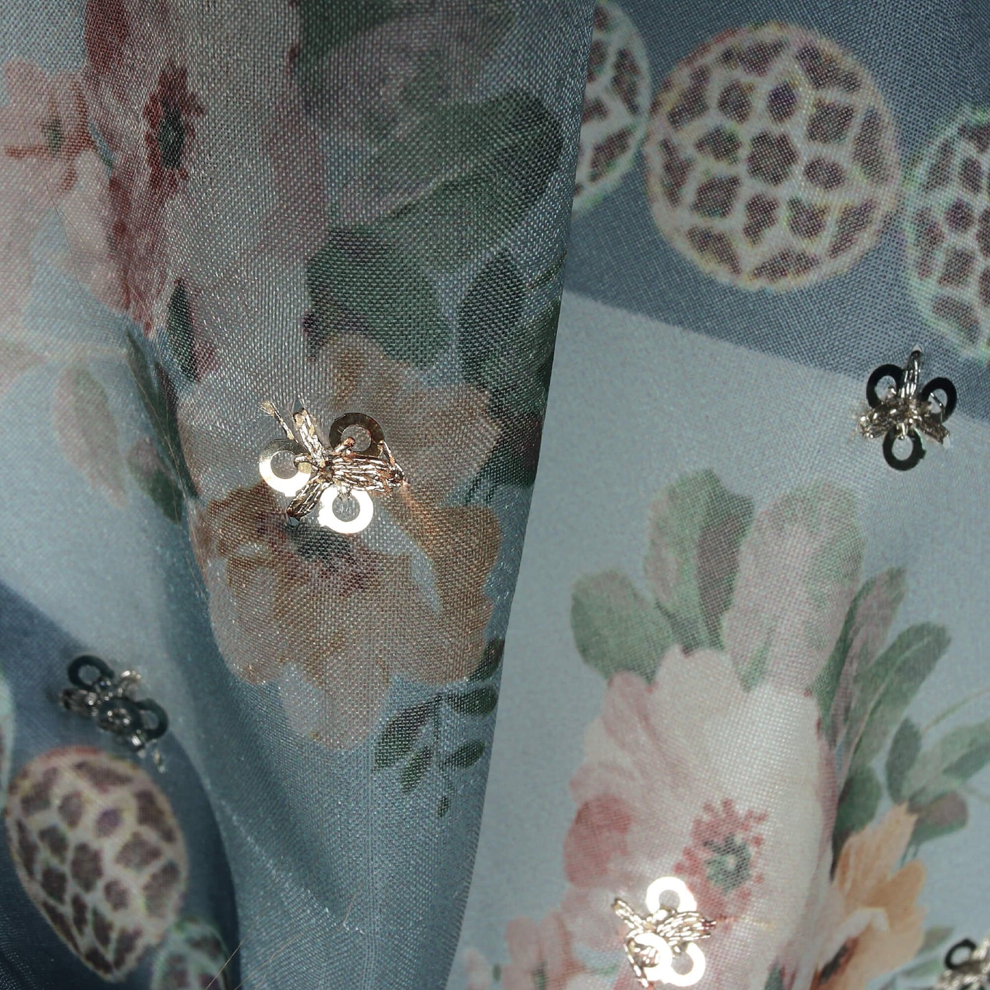 Teal Blue And Peach Floral Pattern Digital Print Booti Sequins Premium Liquid Organza Fabric