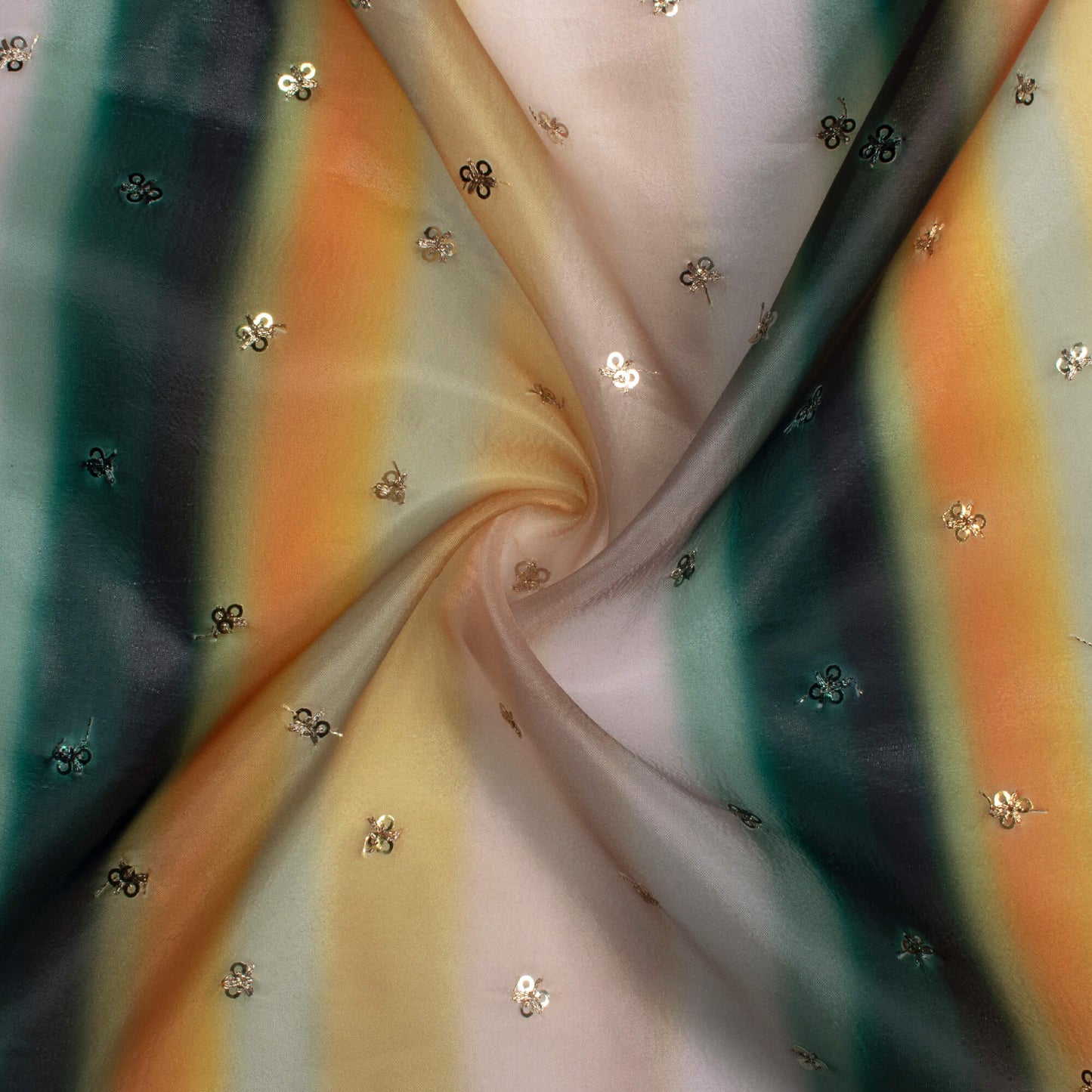 Green And Yellow Stripes Pattern Digital Print Booti Sequins Premium Liquid Organza Fabric